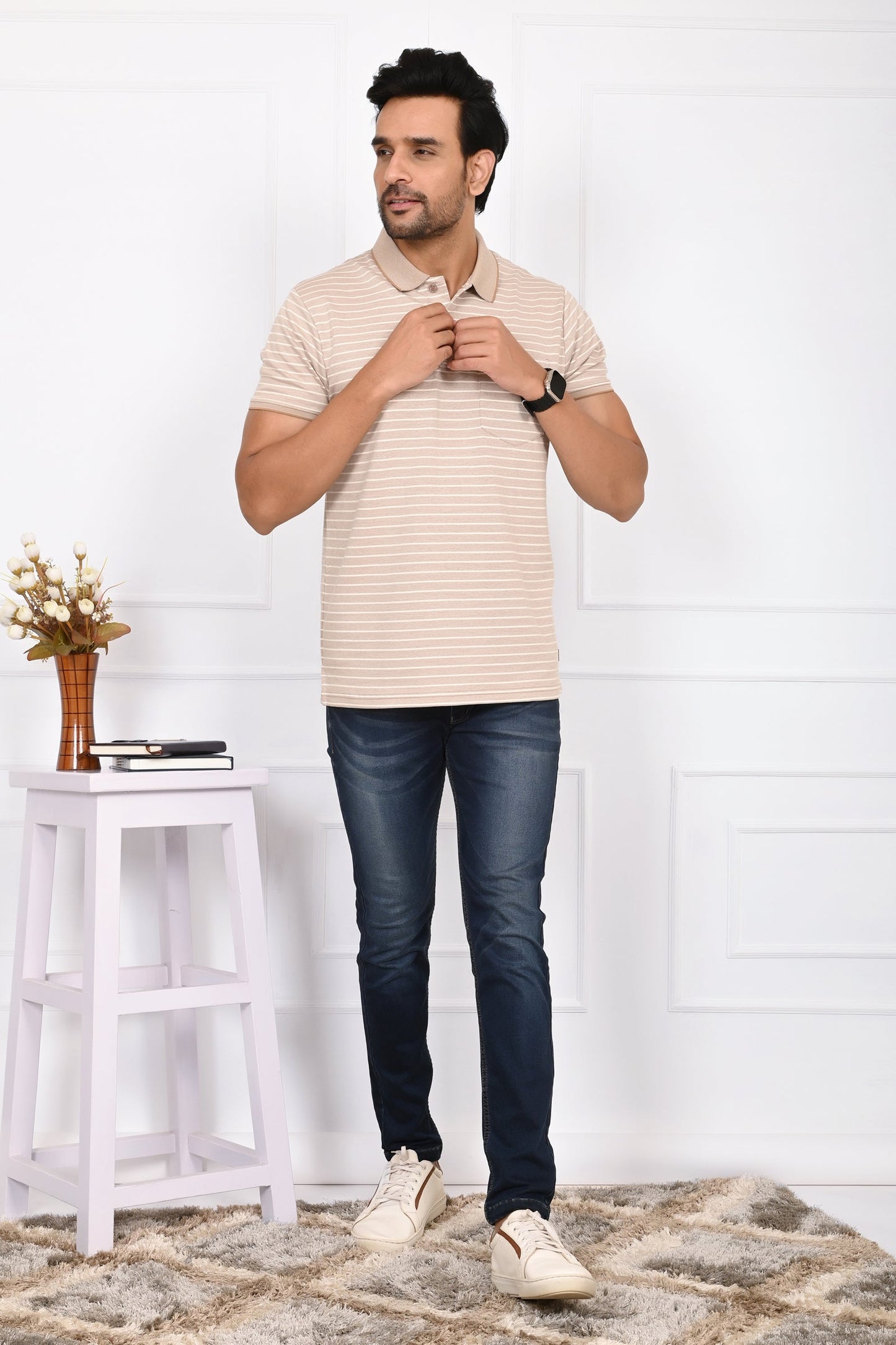 Arbour Men Striped Polo Neck Cotton Blend Multicolor T-Shirt