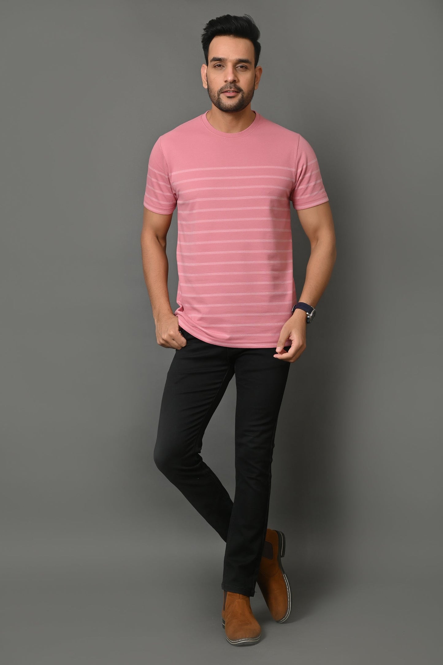 Arbour Men Round Neck Stripes Slim Fit Half Sleeves T-Shirt