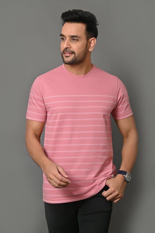 Arbour Men Round Neck Stripes Slim Fit Half Sleeves T-Shirt