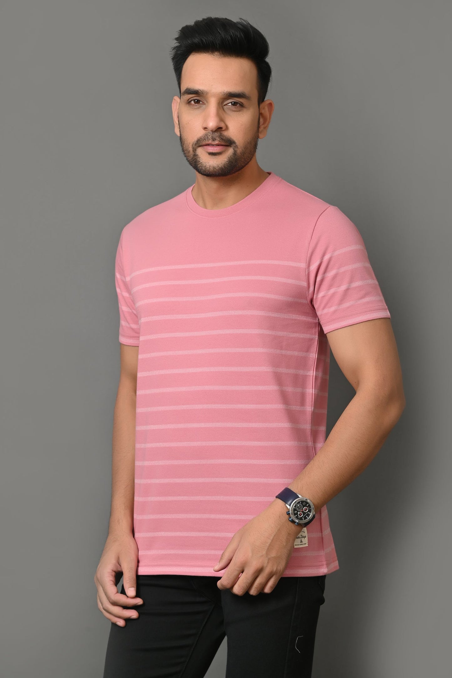 Arbour Men Round Neck Stripes Slim Fit Half Sleeves T-Shirt