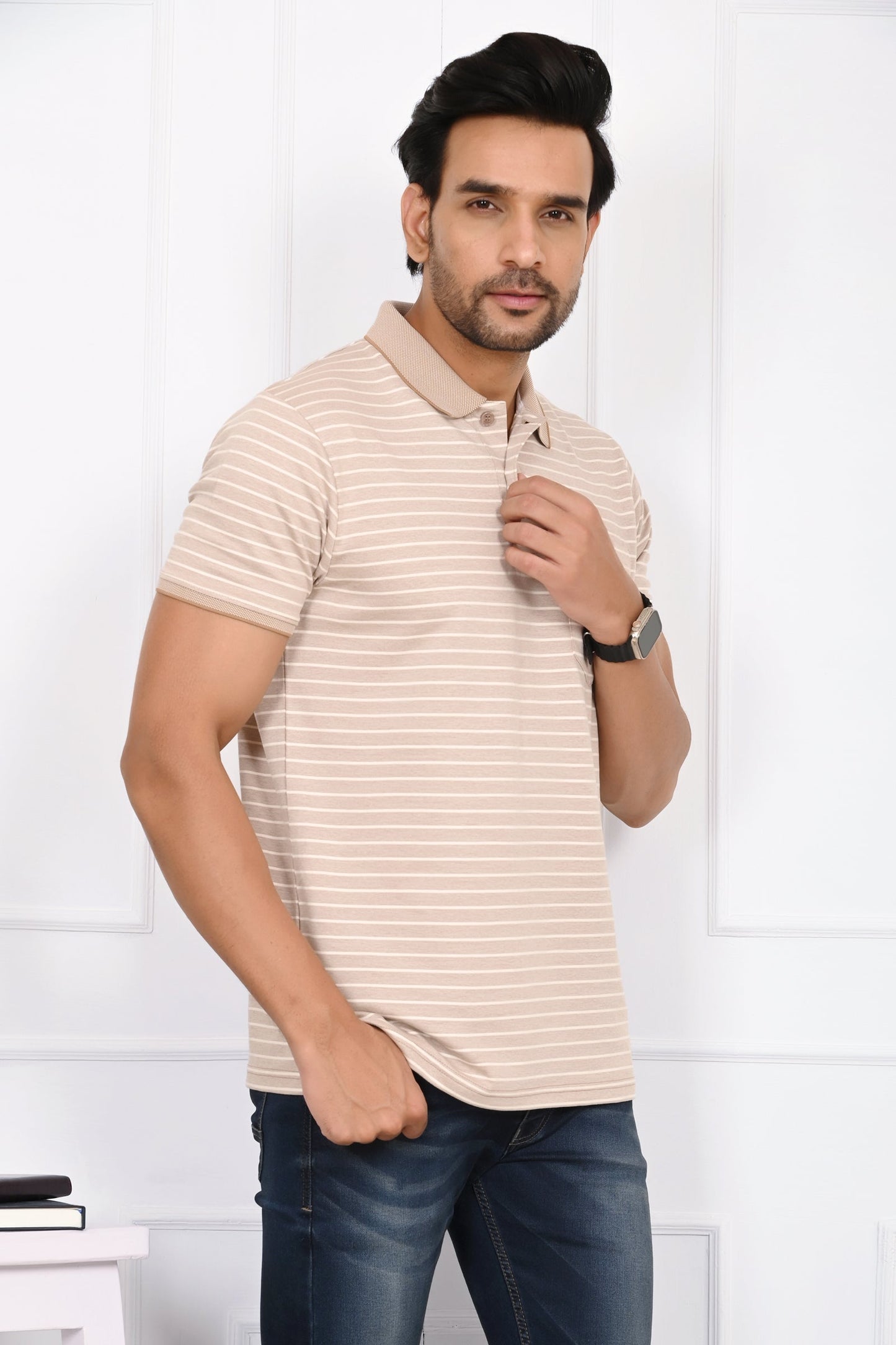 Arbour Men Striped Polo Neck Cotton Blend Multicolor T-Shirt