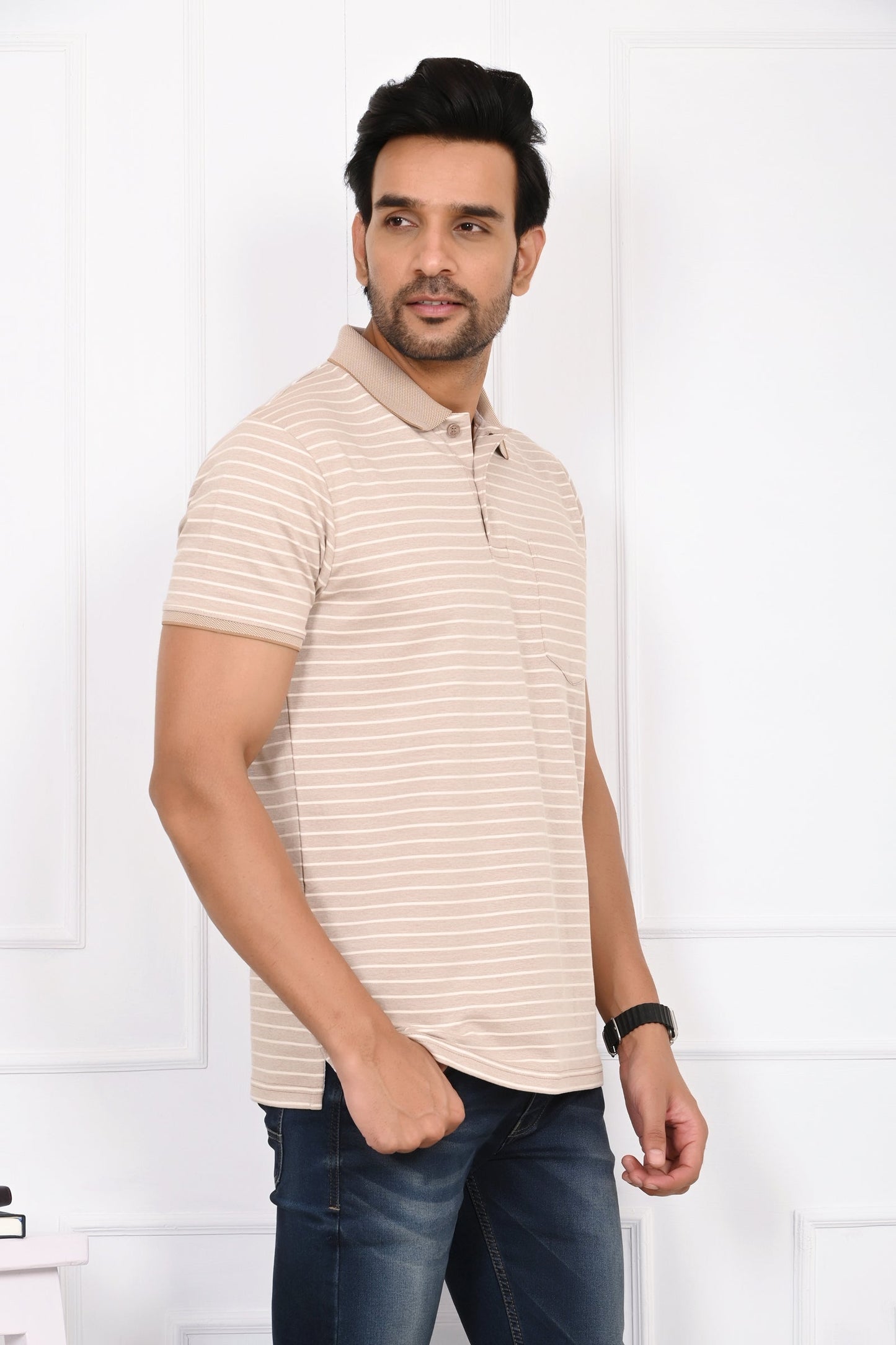 Arbour Men Striped Polo Neck Cotton Blend Multicolor T-Shirt