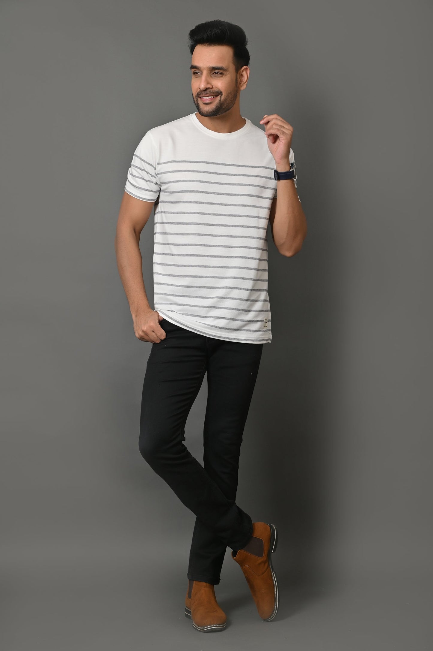 Arbour Men Round Neck Stripes Slim Fit Half Sleeves T-Shirt