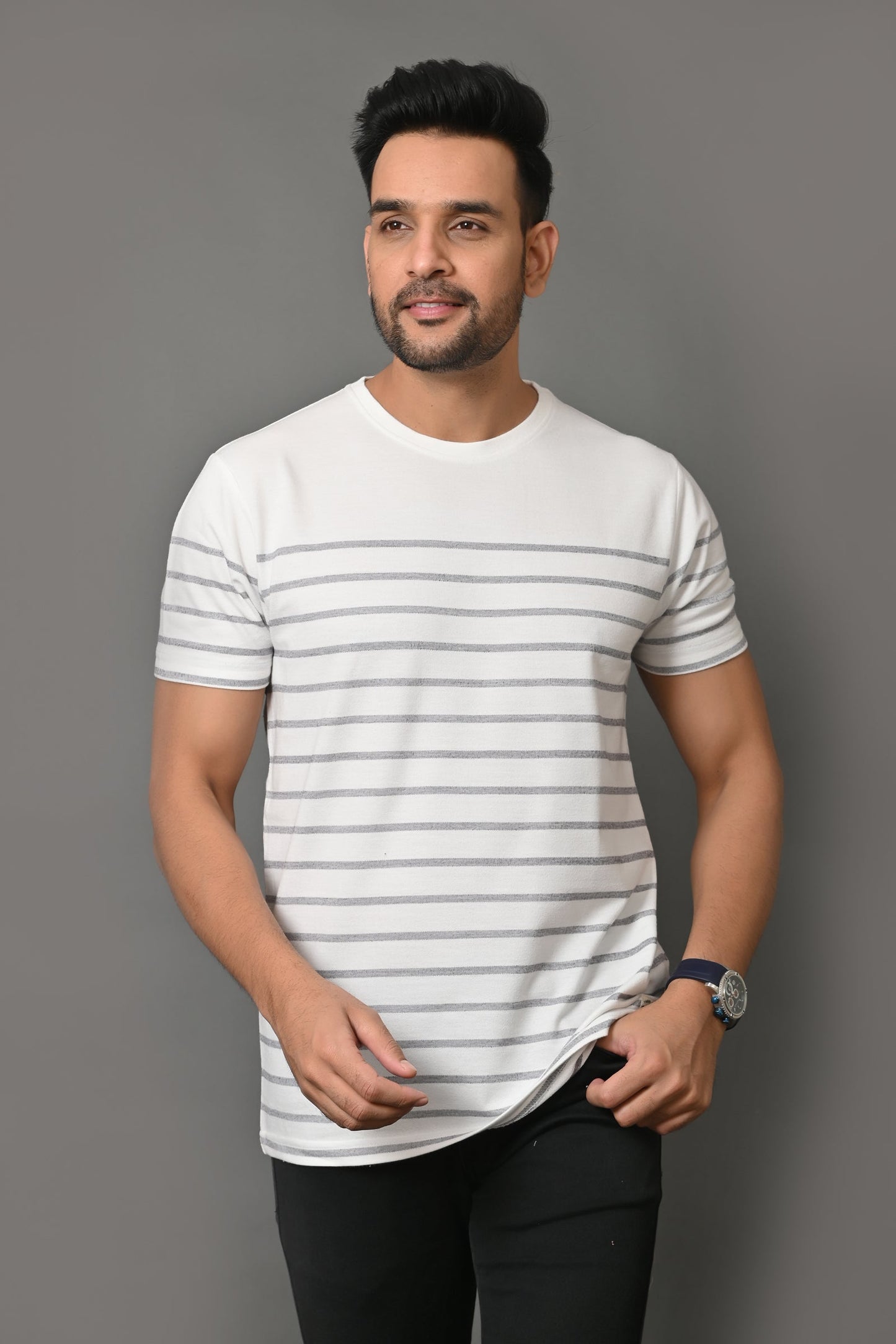 Arbour Men Round Neck Stripes Slim Fit Half Sleeves T-Shirt