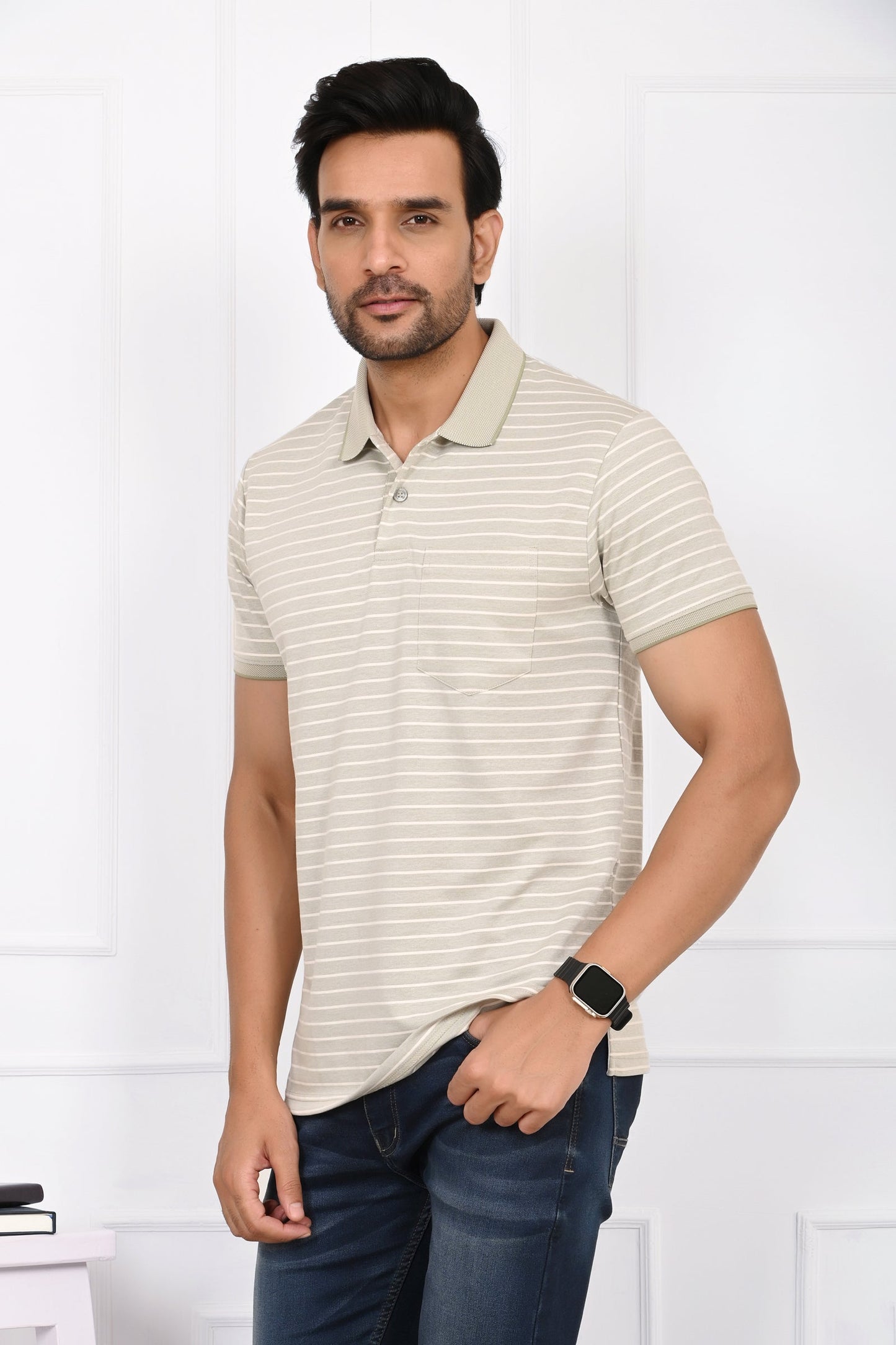 Arbour Men Striped Polo Neck Cotton Blend Multicolor T-Shirt