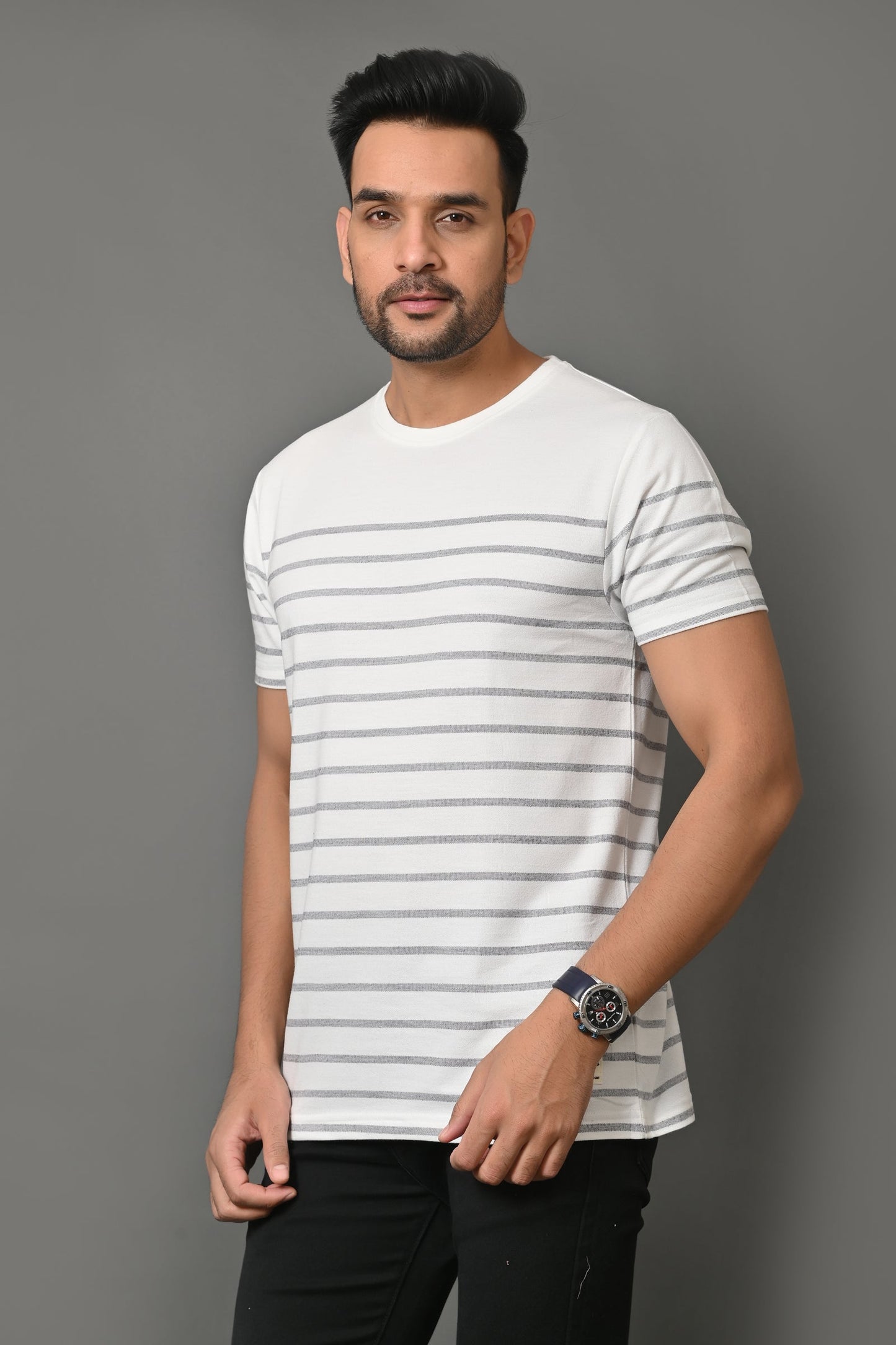 Arbour Men Round Neck Stripes Slim Fit Half Sleeves T-Shirt