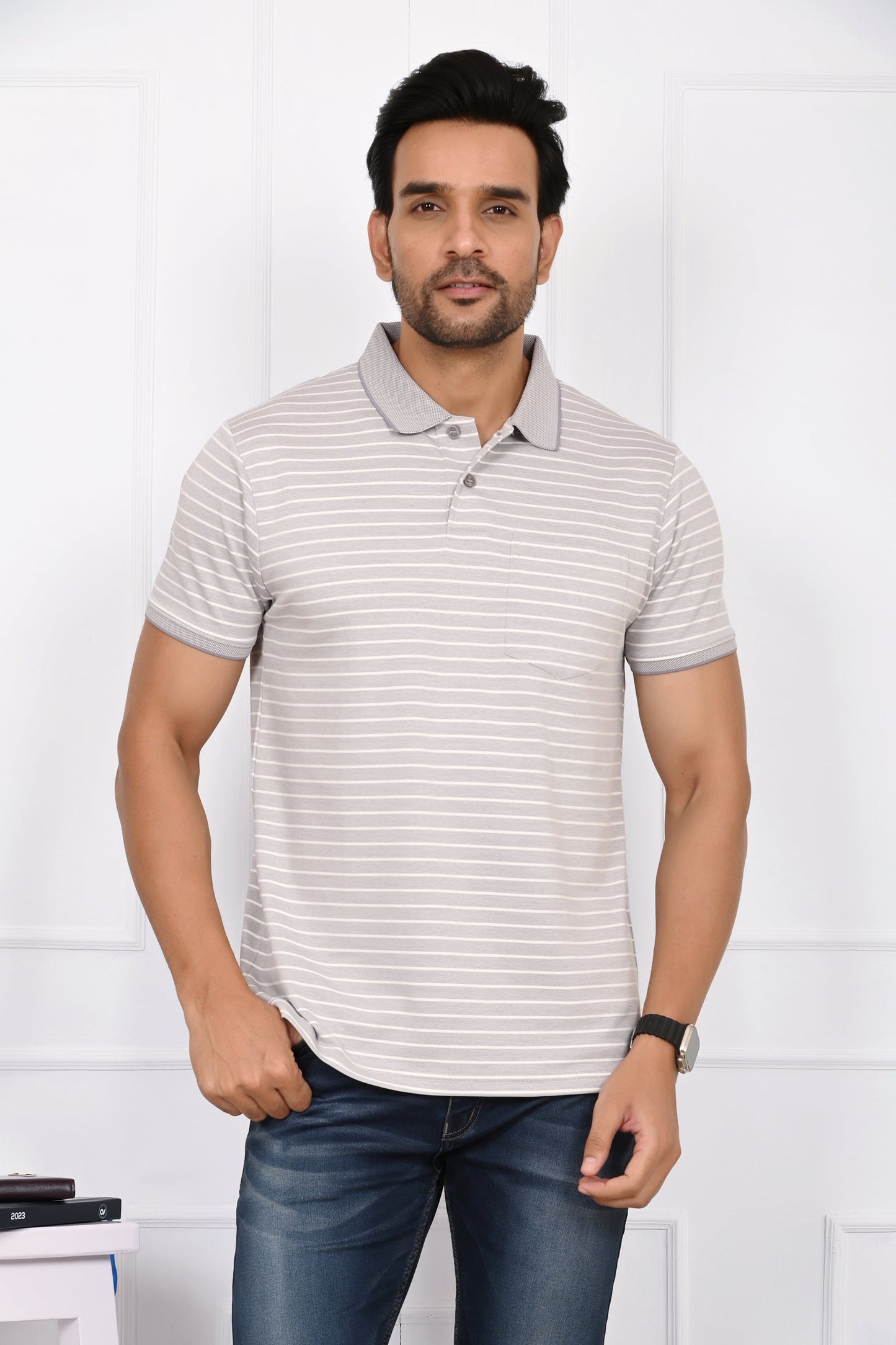 Arbour Men Striped Polo Neck Cotton Blend Multicolor T-Shirt