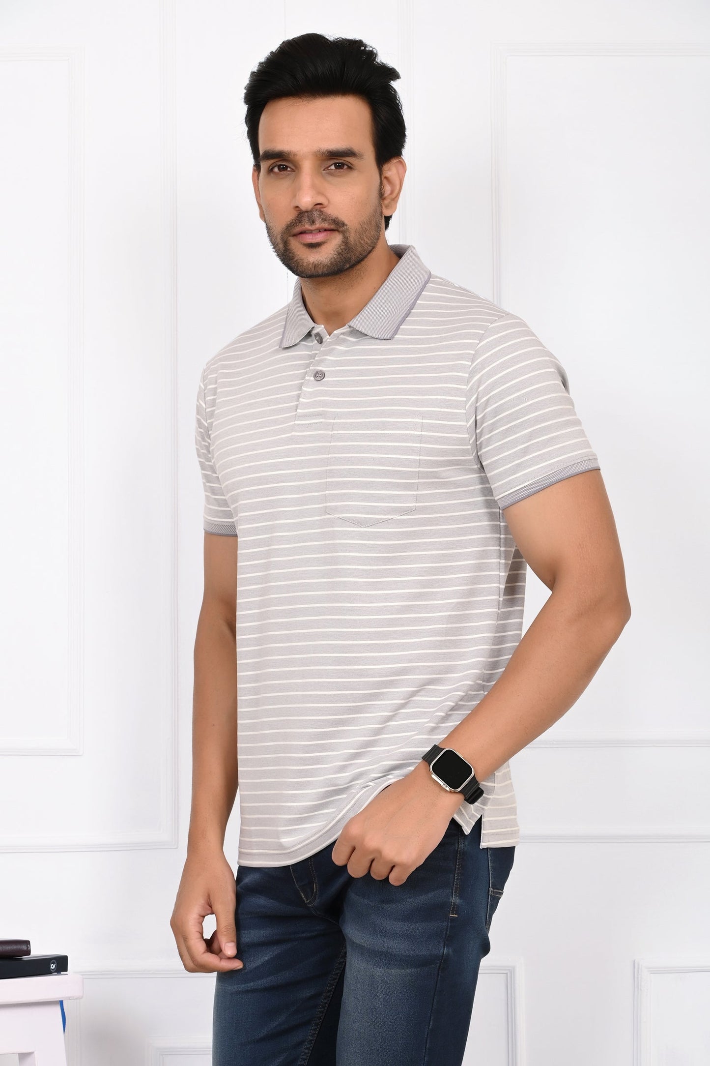 Arbour Men Striped Polo Neck Cotton Blend Multicolor T-Shirt