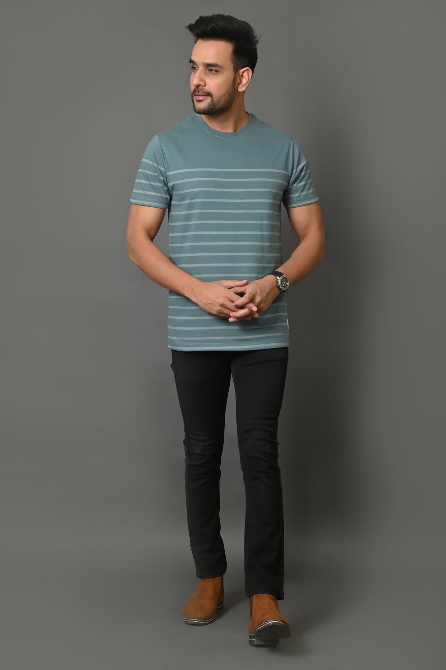 Arbour Men Round Neck Stripes Slim Fit Half Sleeves T-Shirt