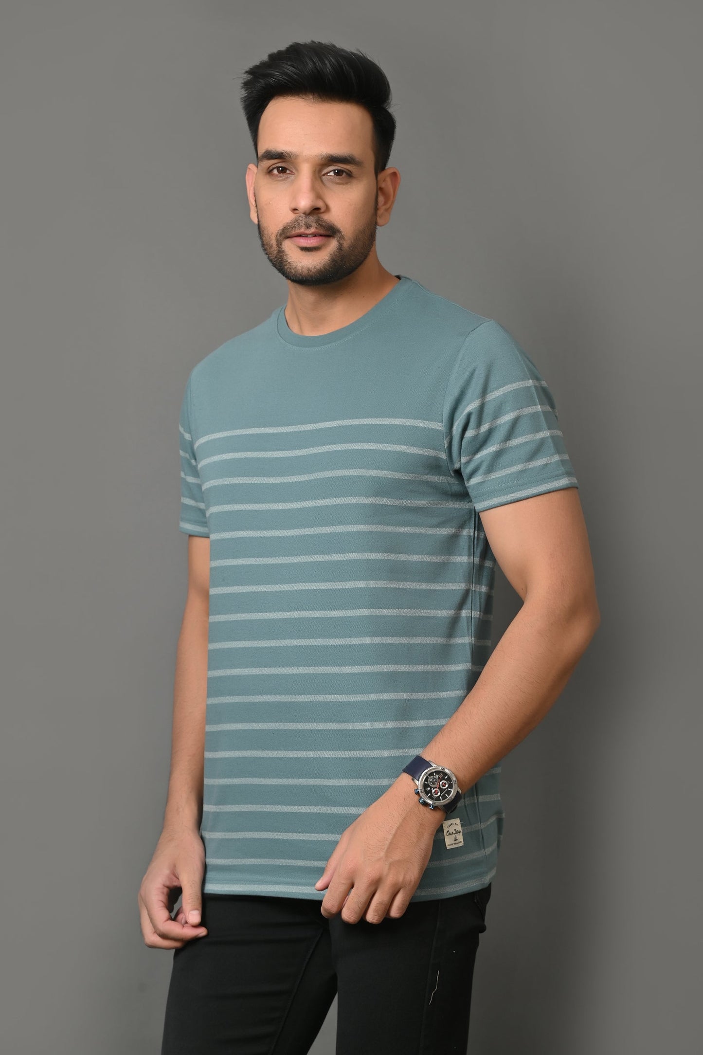 Arbour Men Round Neck Stripes Slim Fit Half Sleeves T-Shirt