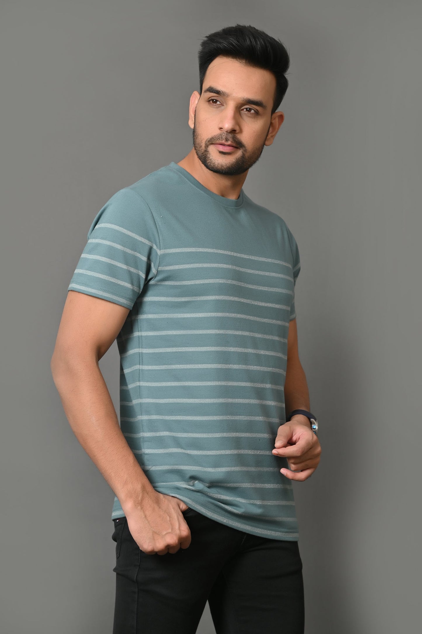 Arbour Men Round Neck Stripes Slim Fit Half Sleeves T-Shirt