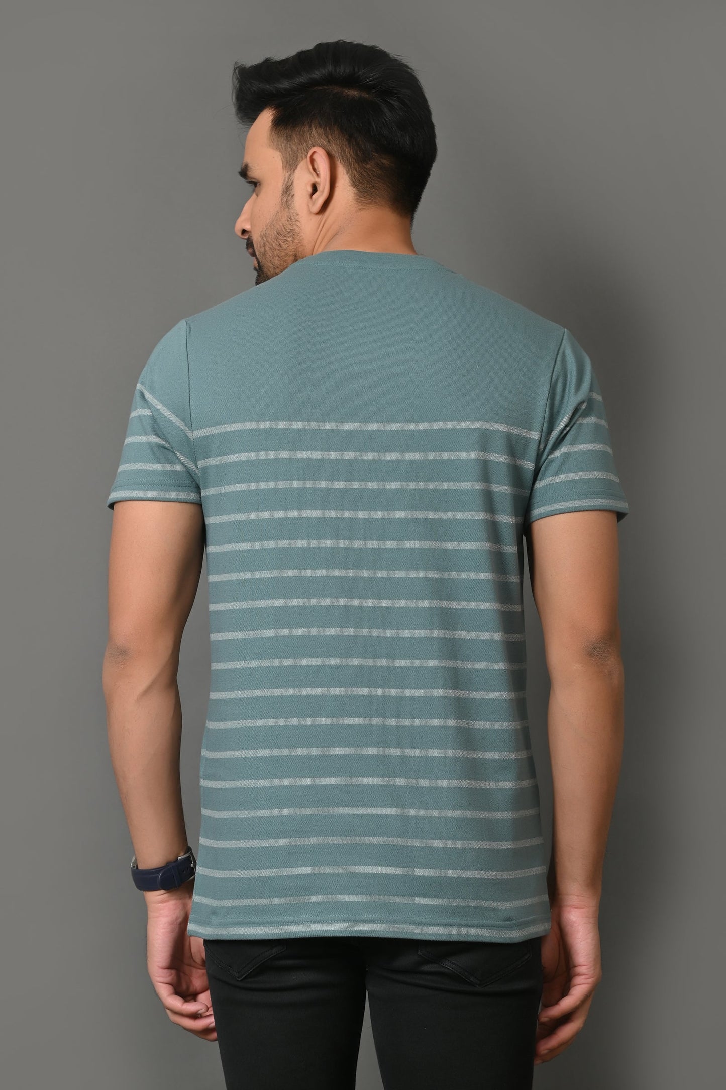 Arbour Men Round Neck Stripes Slim Fit Half Sleeves T-Shirt