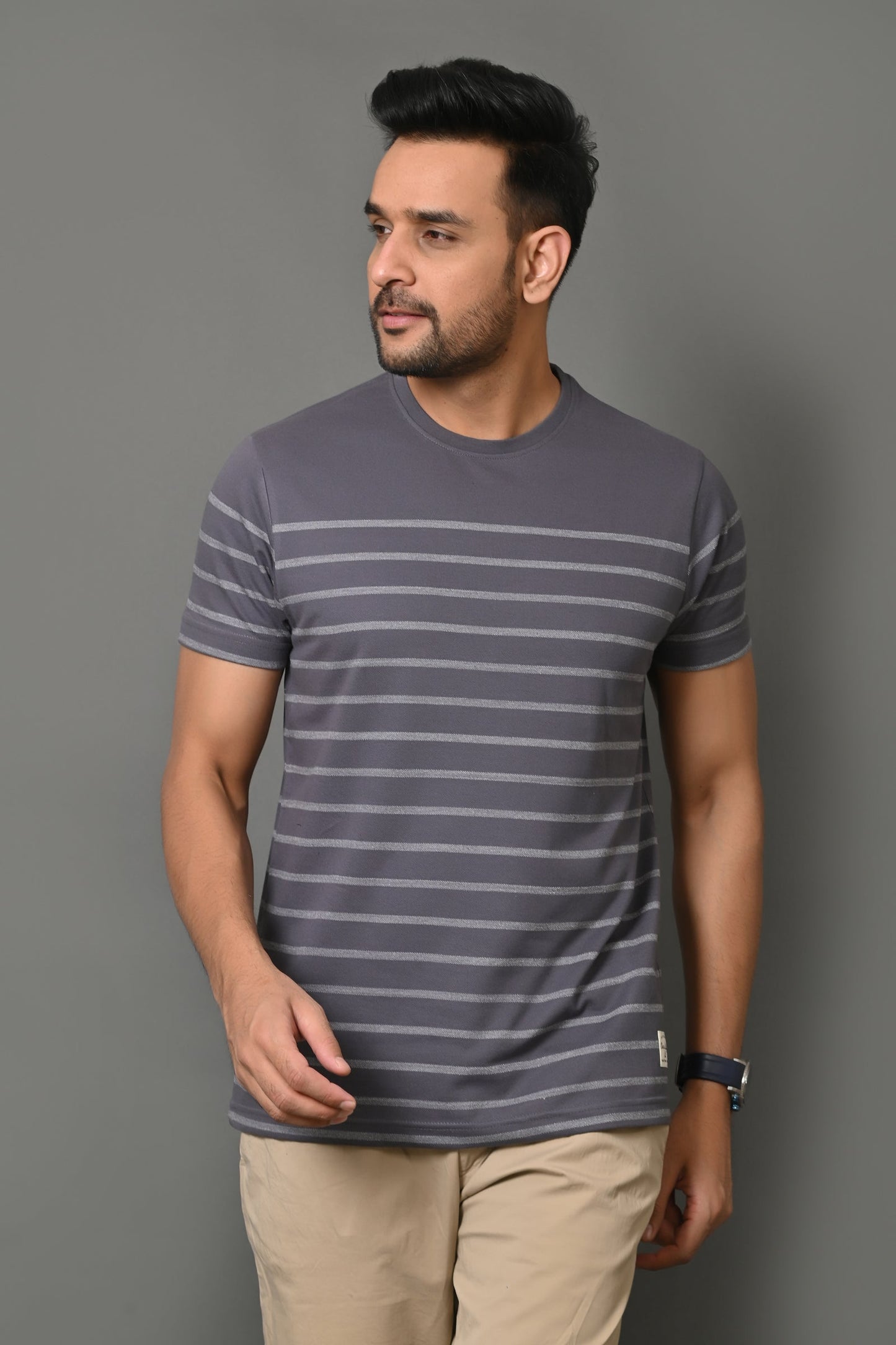 Arbour Men Round Neck Stripes Slim Fit Half Sleeves T-Shirt