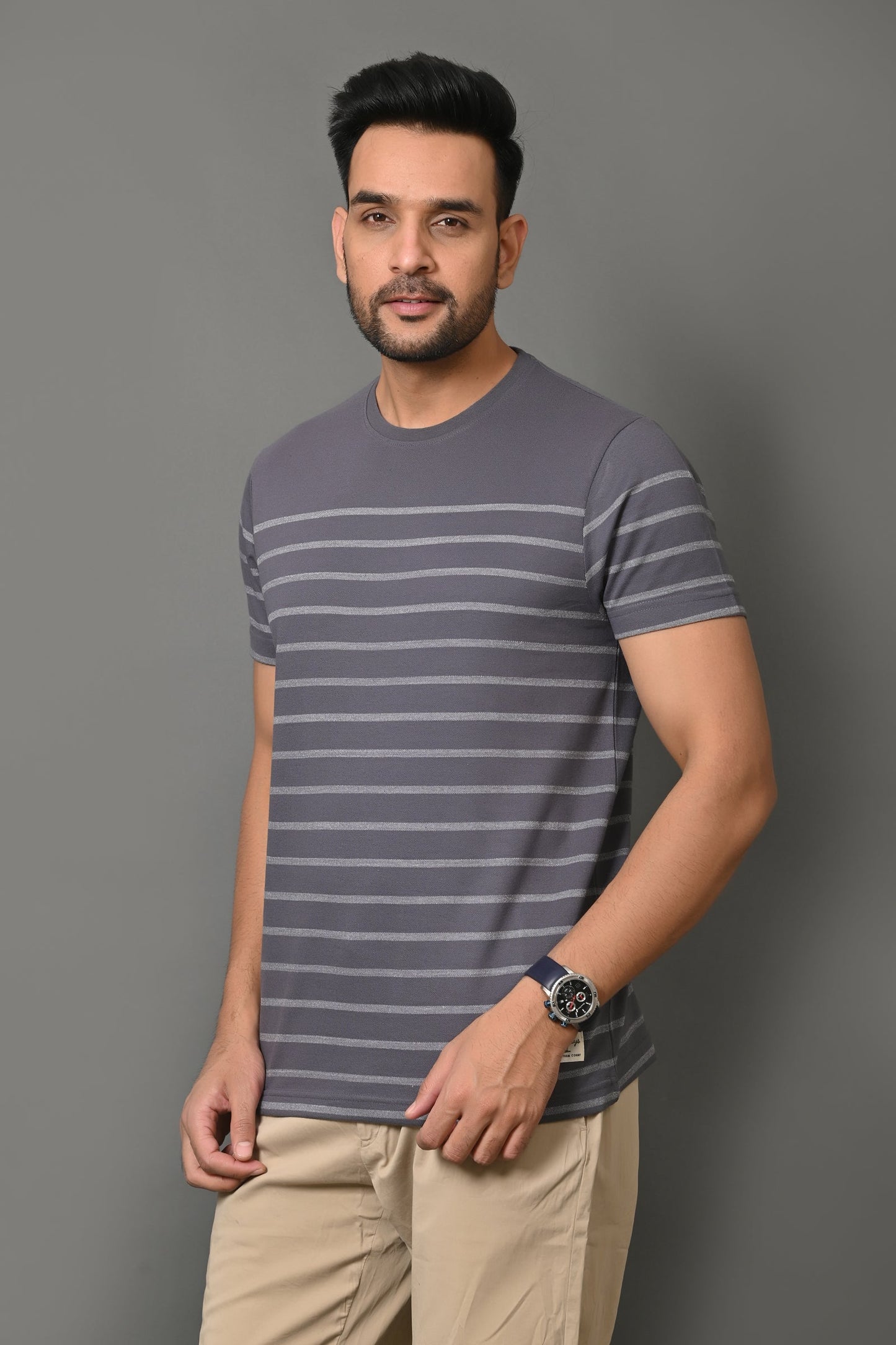 Arbour Men Round Neck Stripes Slim Fit Half Sleeves T-Shirt