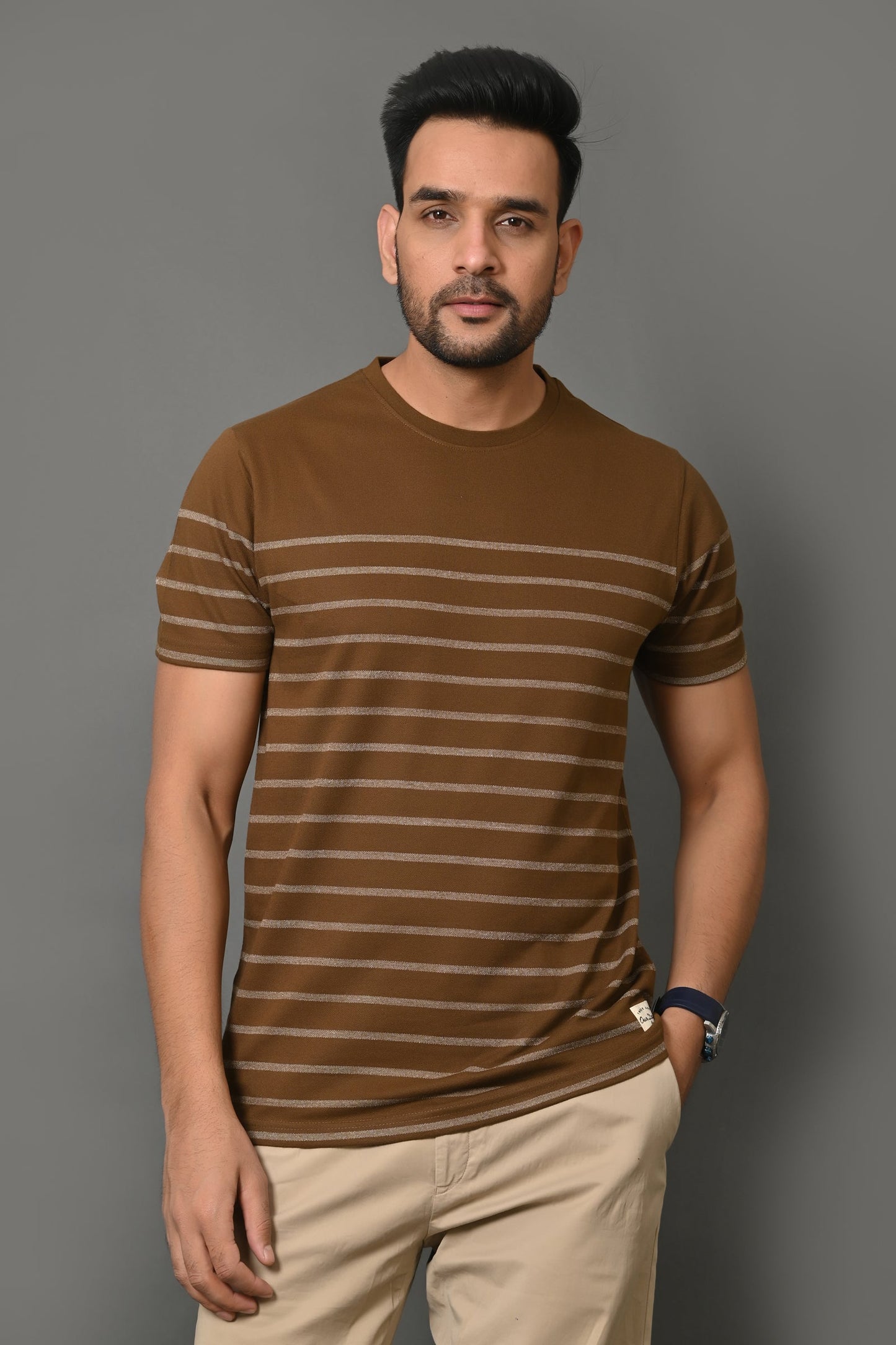 Arbour Men Round Neck Stripes Slim Fit Half Sleeves T-Shirt