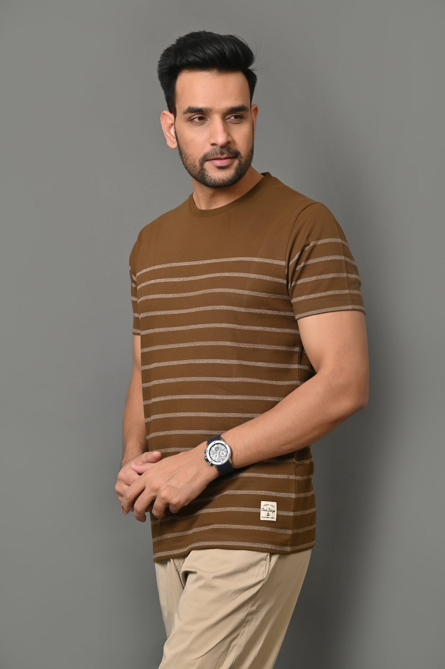 Arbour Men Round Neck Stripes Slim Fit Half Sleeves T-Shirt