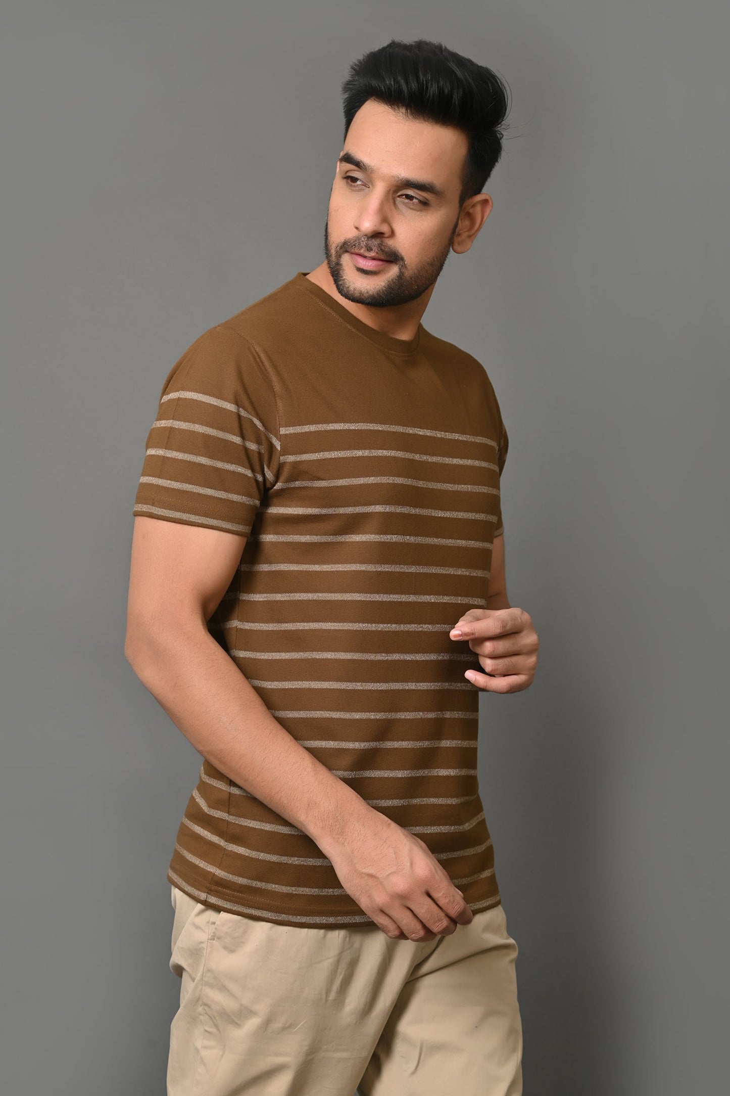 Arbour Men Round Neck Stripes Slim Fit Half Sleeves T-Shirt