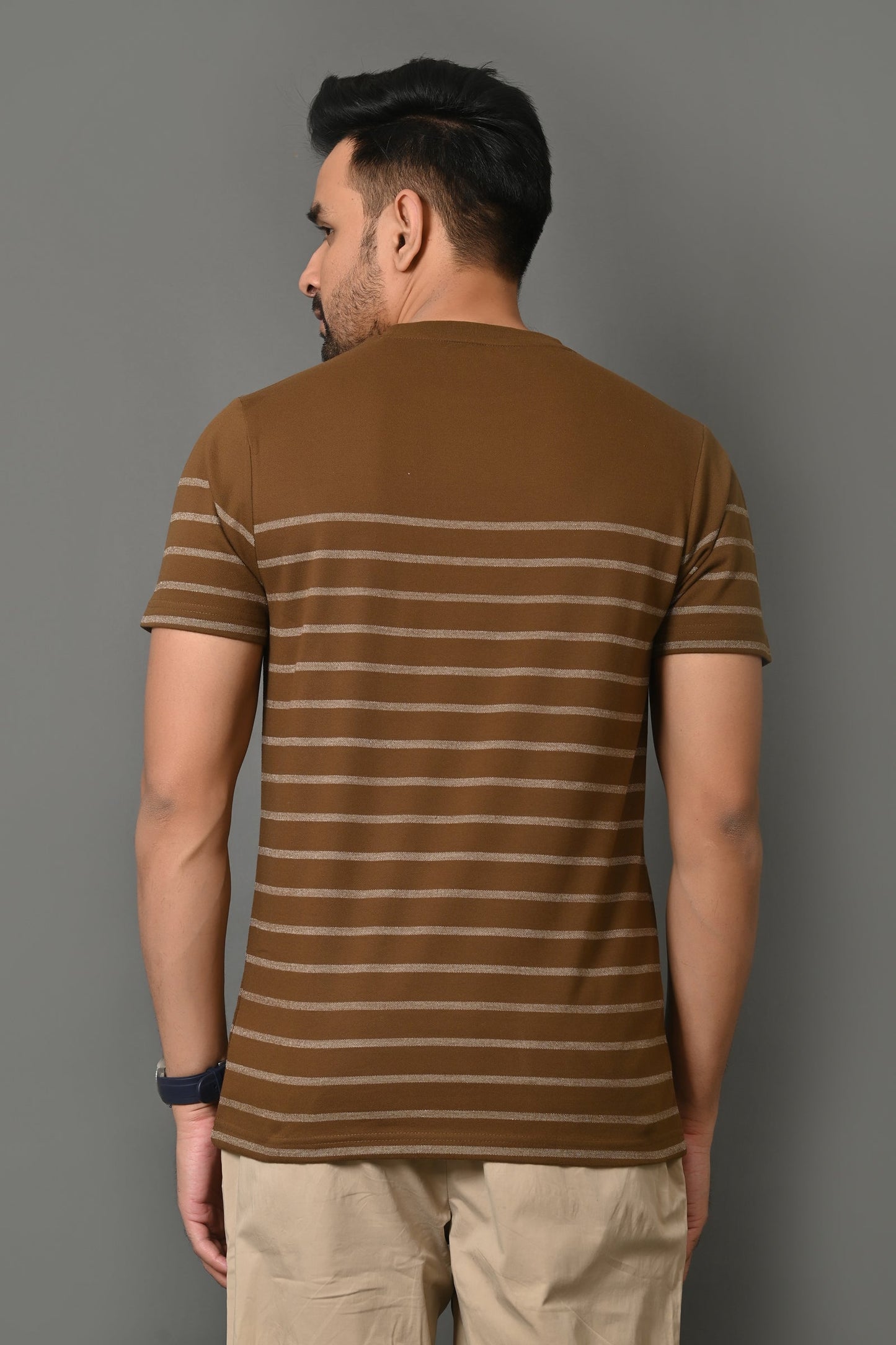 Arbour Men Round Neck Stripes Slim Fit Half Sleeves T-Shirt