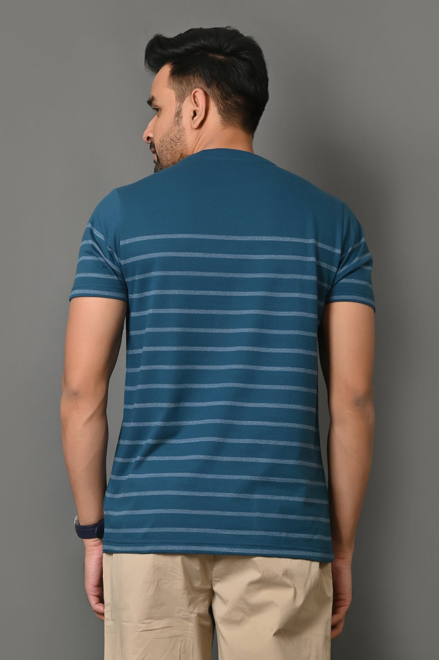 Arbour Men Round Neck Stripes Slim Fit Half Sleeves T-Shirt