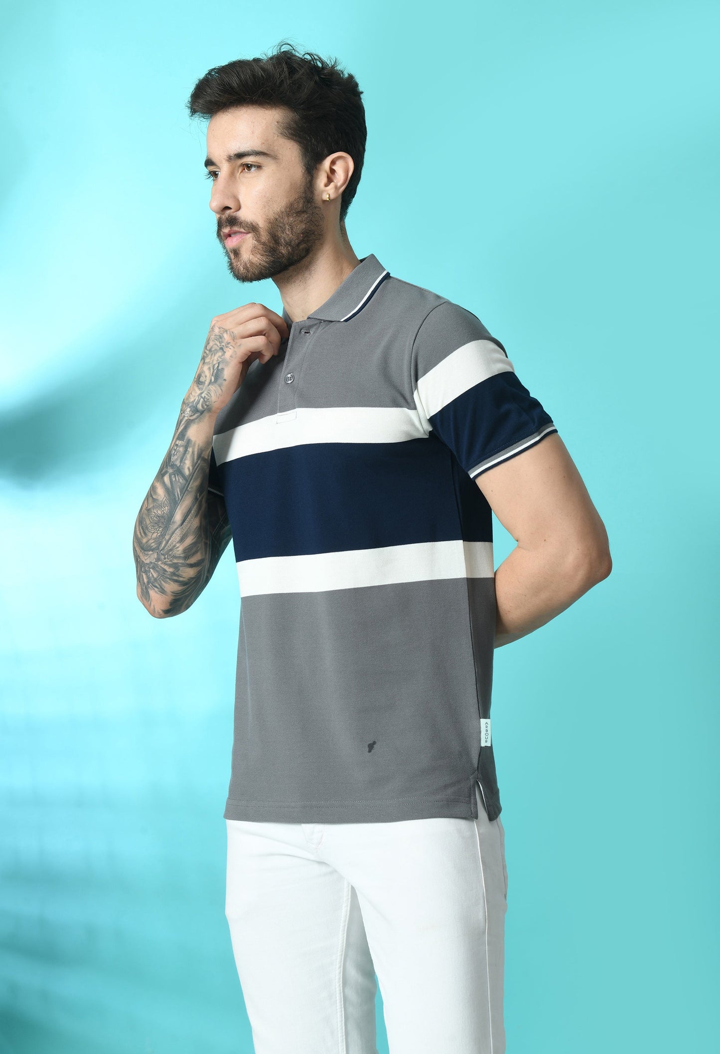 Arbour Men Polo Neck Stripes Slim Fit half Sleeves T-Shirt