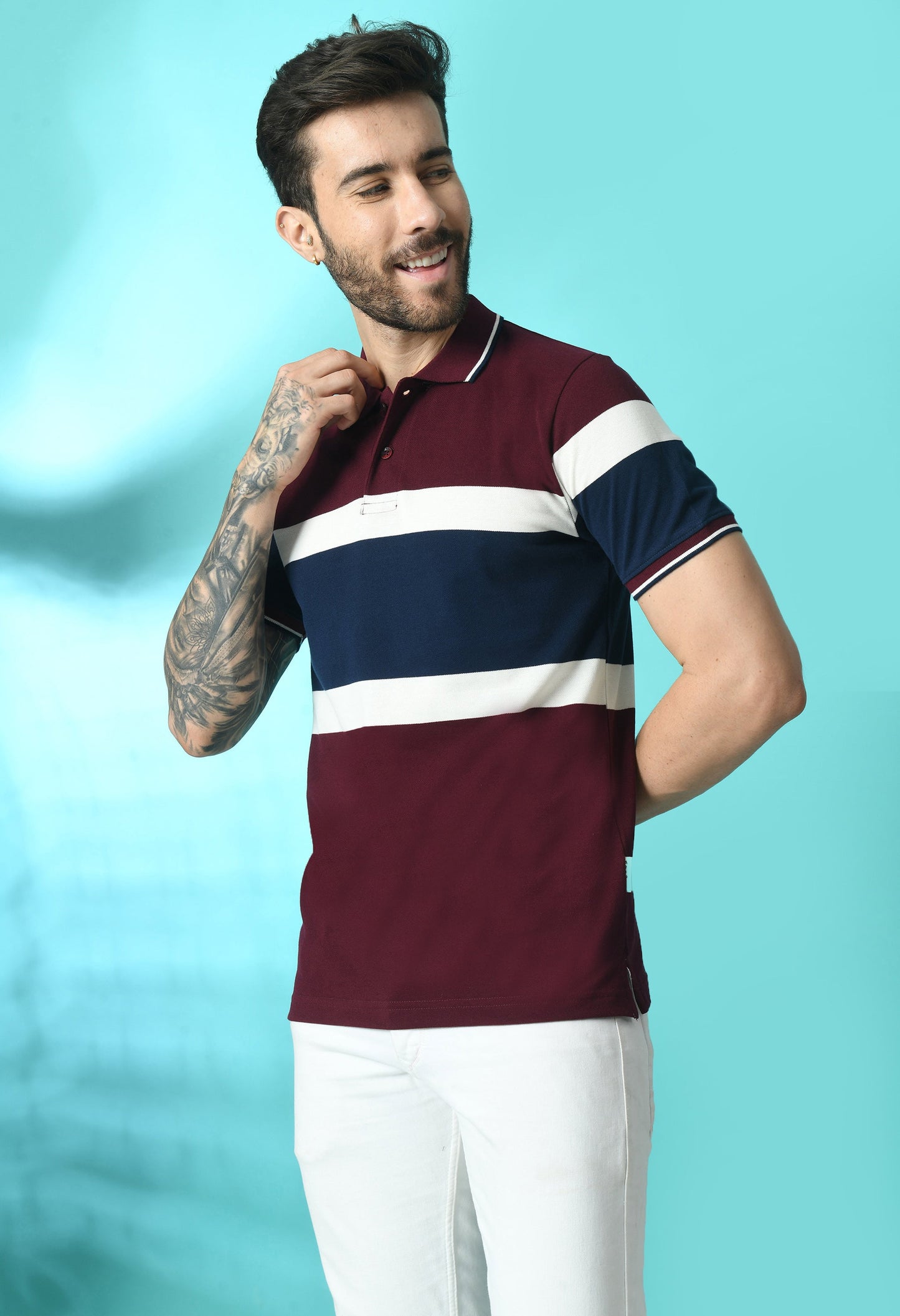 Arbour Men Polo Neck Stripes Slim Fit half Sleeves T-Shirt