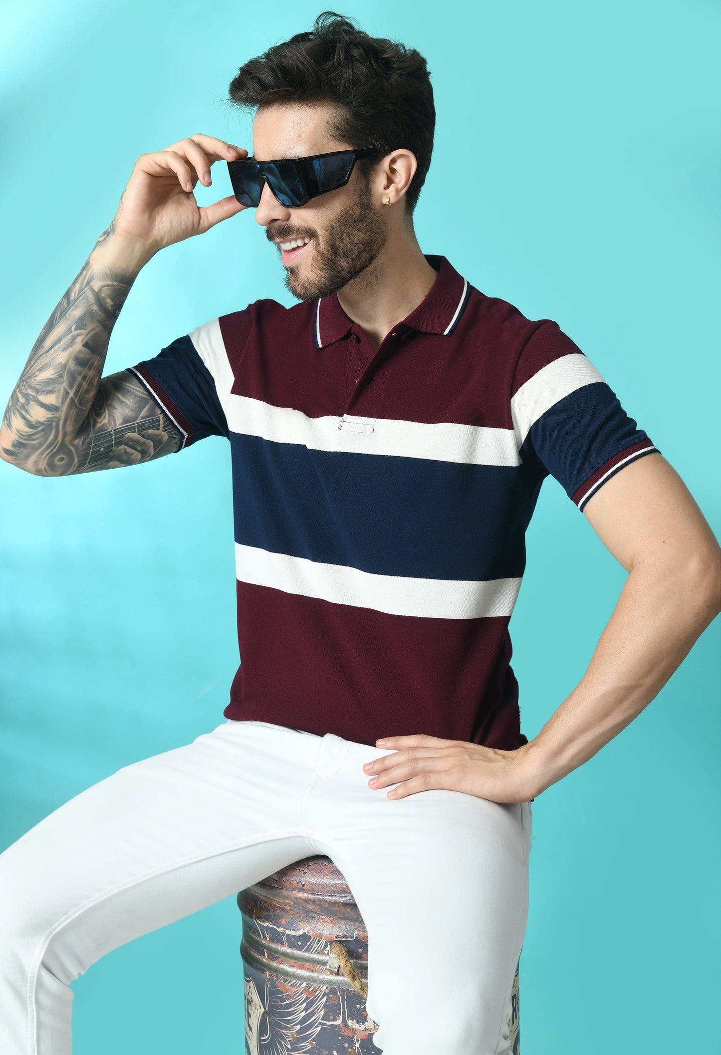 Arbour Men Polo Neck Stripes Slim Fit half Sleeves T-Shirt