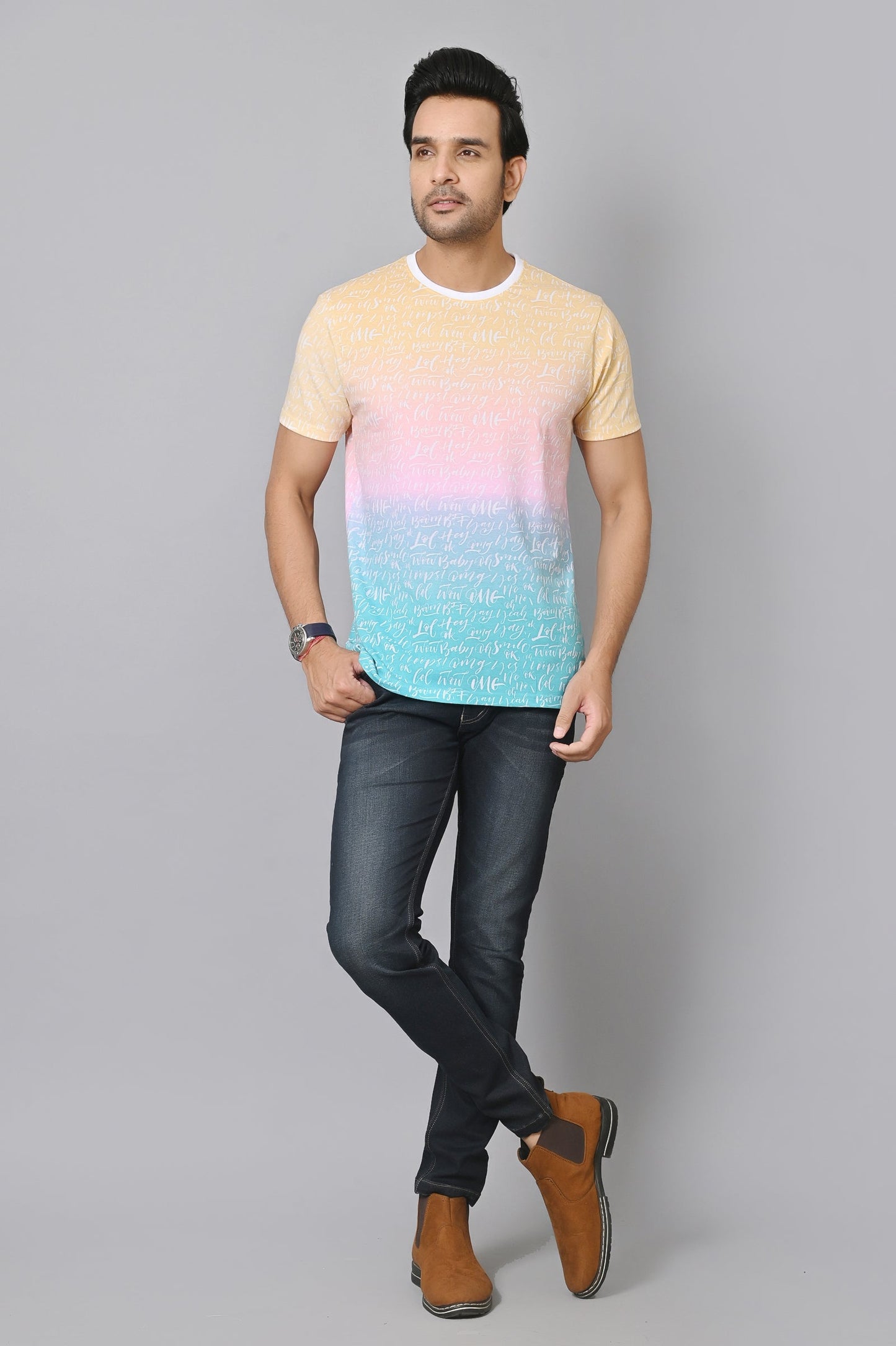 Arbour Men Printed Round Neck Cotton Blend Multicolor T-Shirt