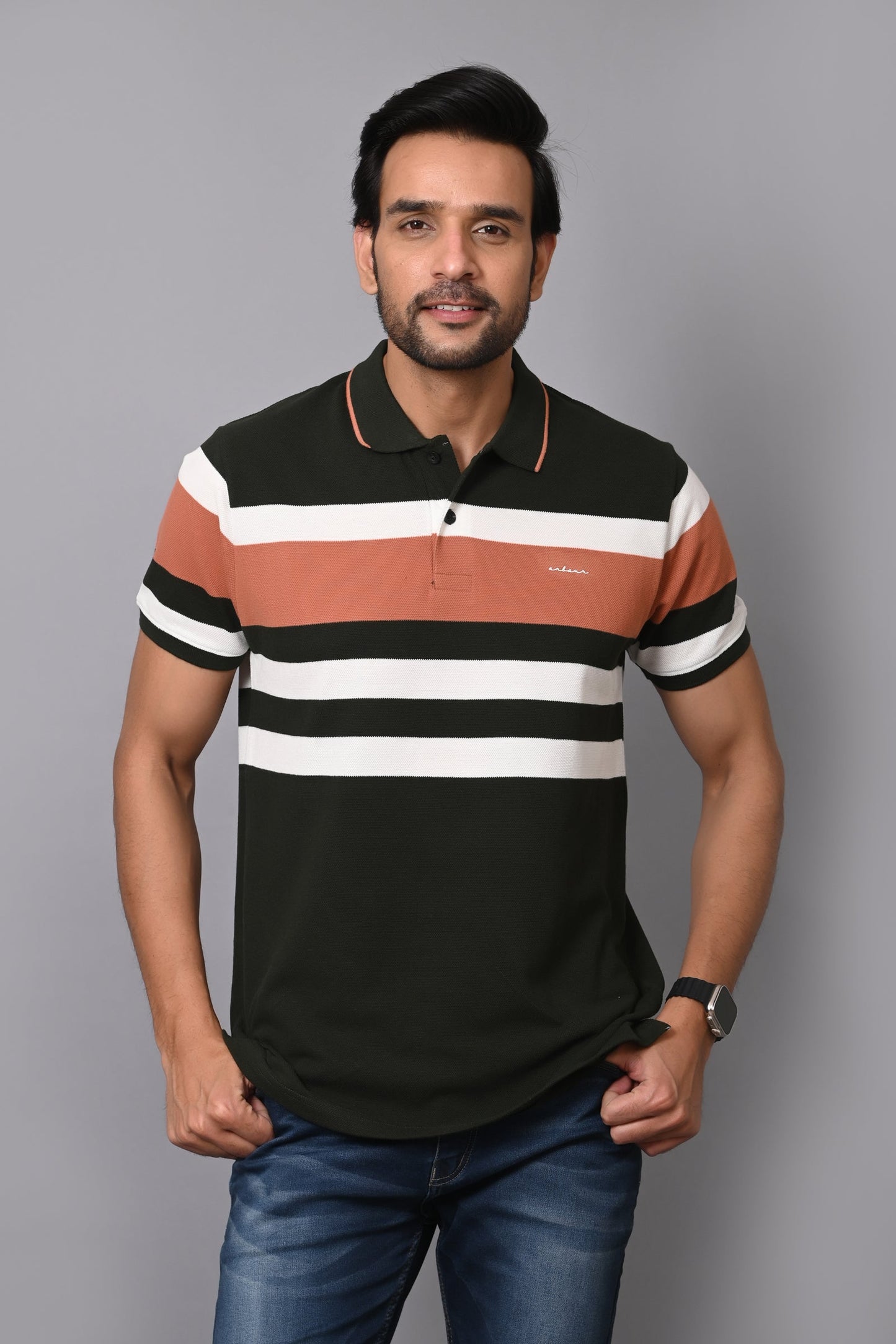 Arbour Men Polo Neck Stripes Casual Half Sleeves T-Shirt