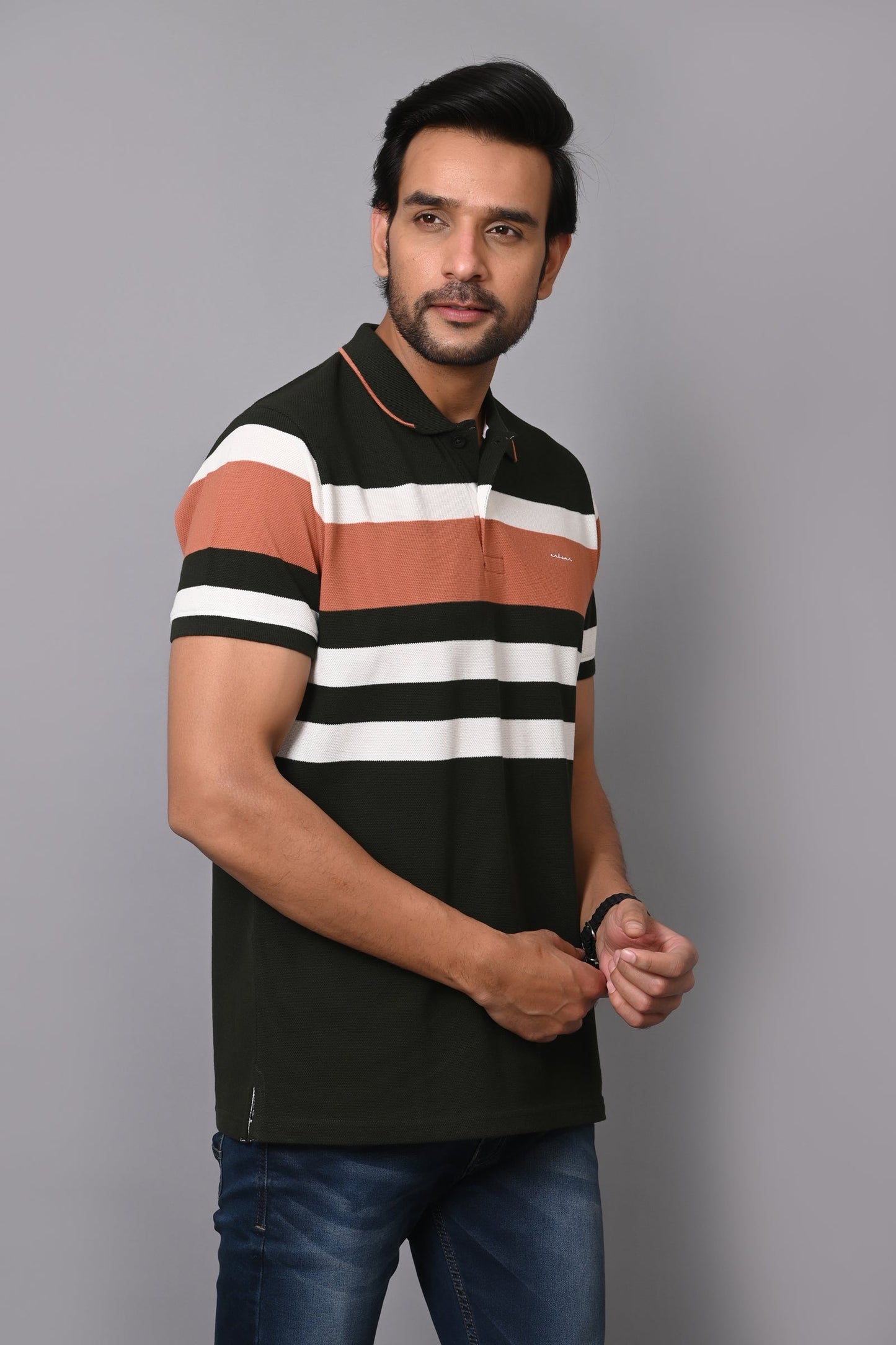 Arbour Men Polo Neck Stripes Casual Half Sleeves T-Shirt