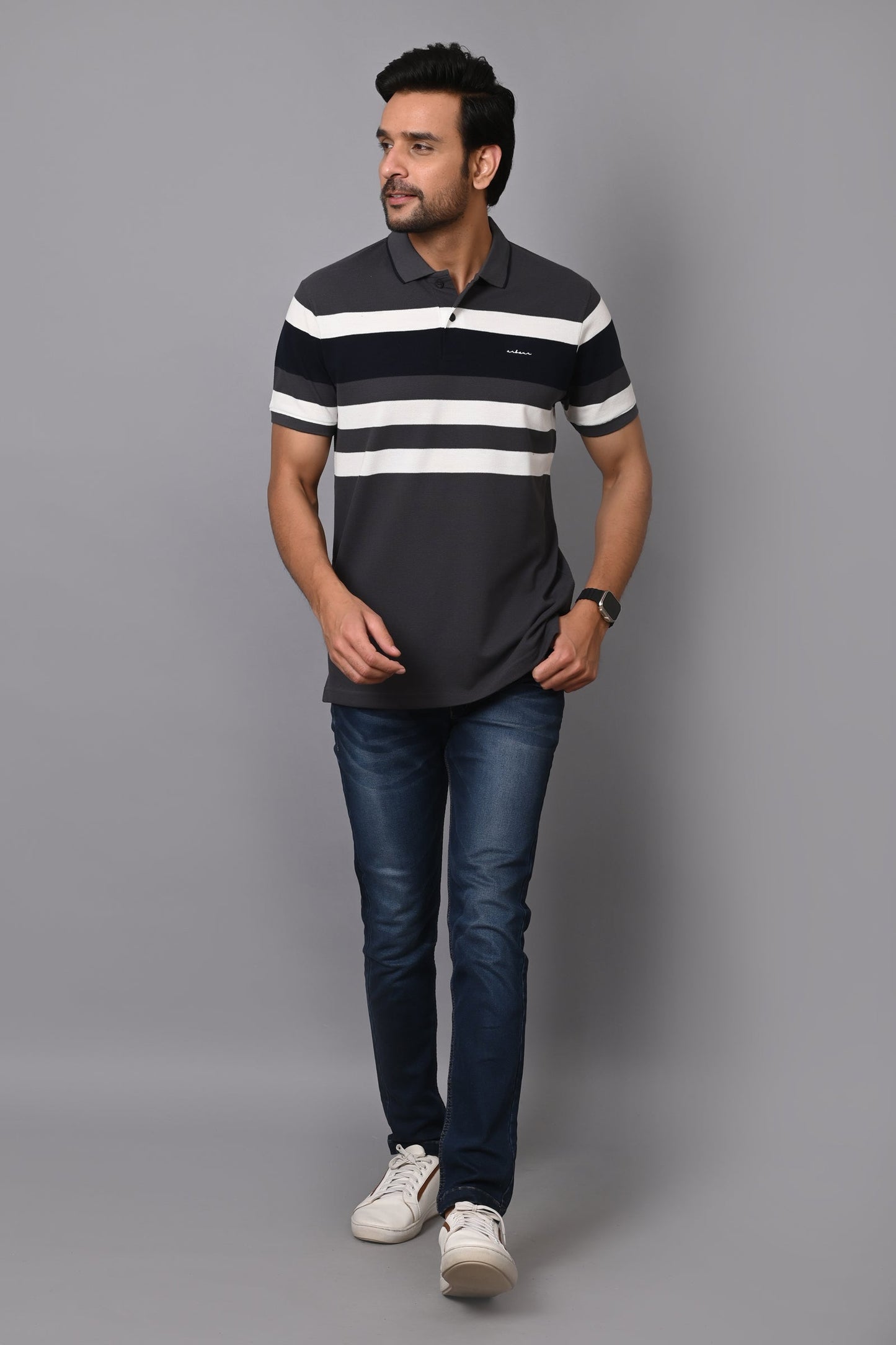 Arbour Men Polo Neck Stripes Casual Half Sleeves T-Shirt