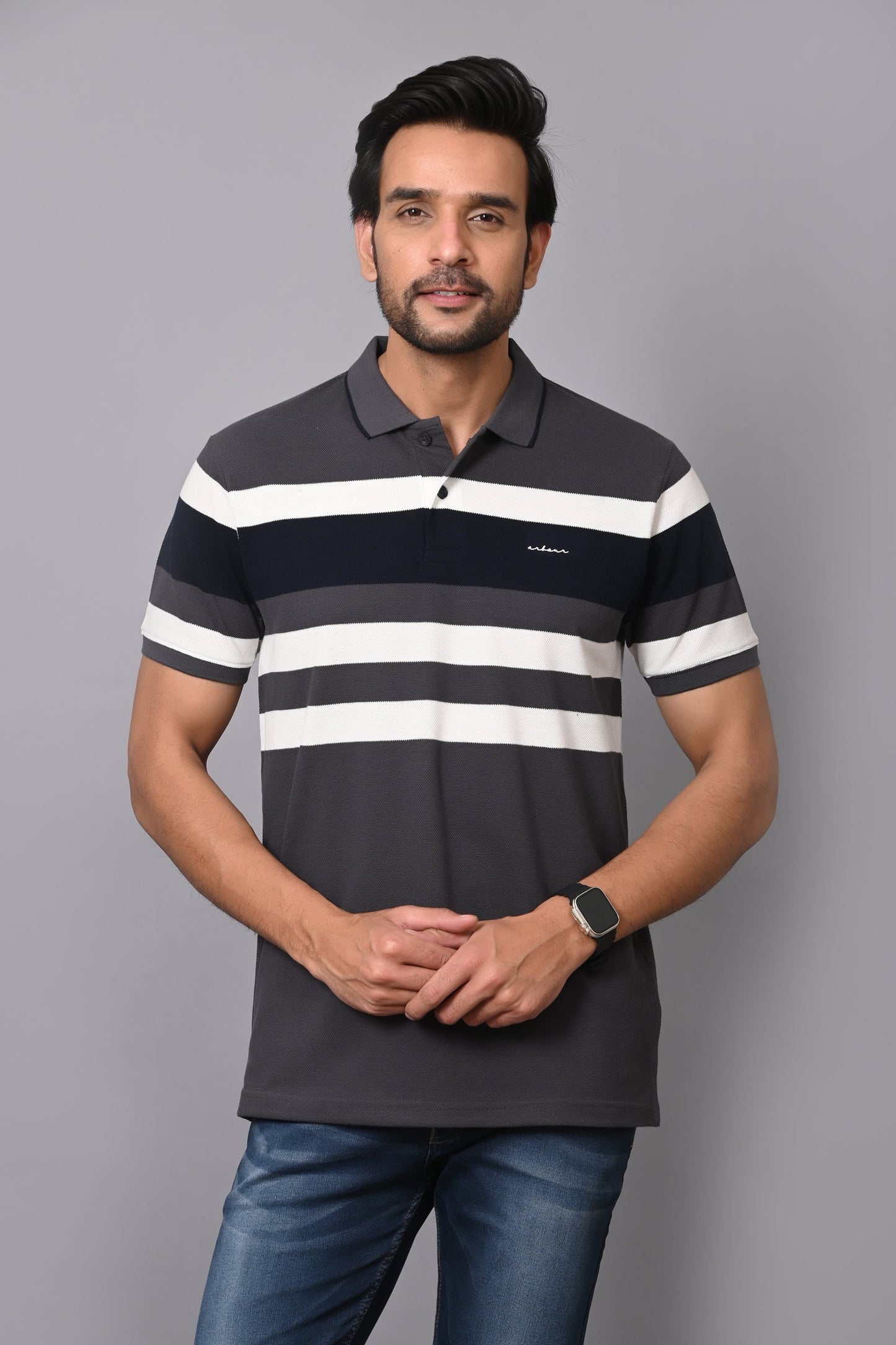 Arbour Men Polo Neck Stripes Casual Half Sleeves T-Shirt