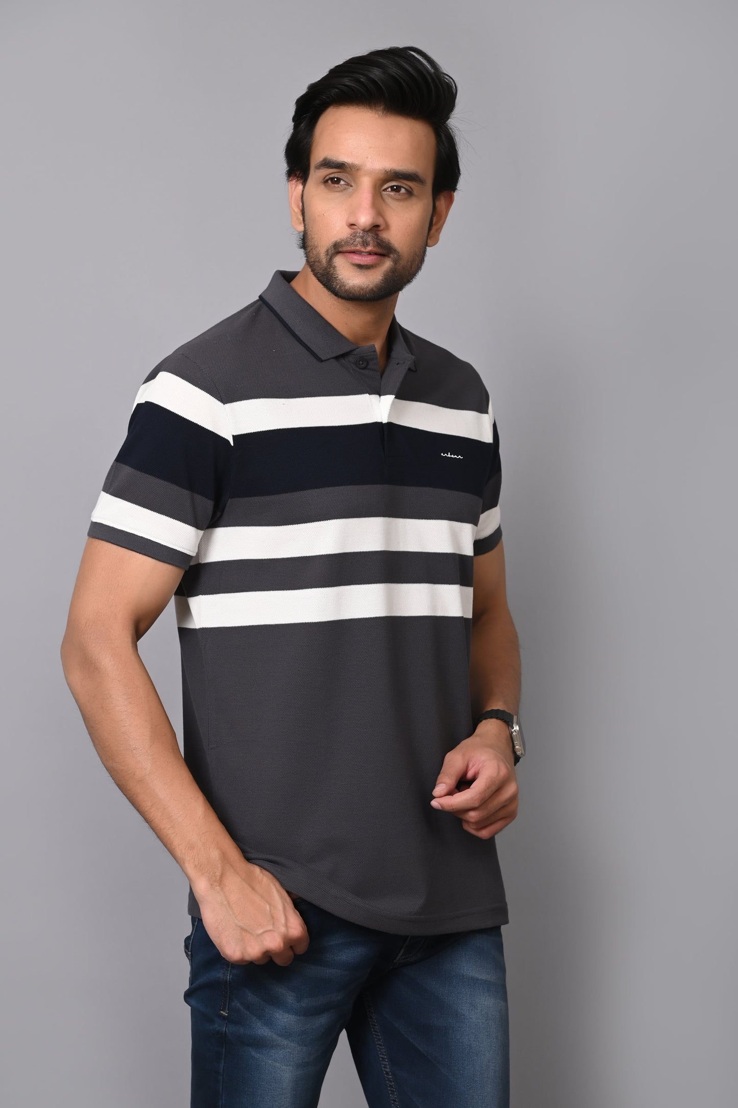 Arbour Men Polo Neck Stripes Casual Half Sleeves T-Shirt