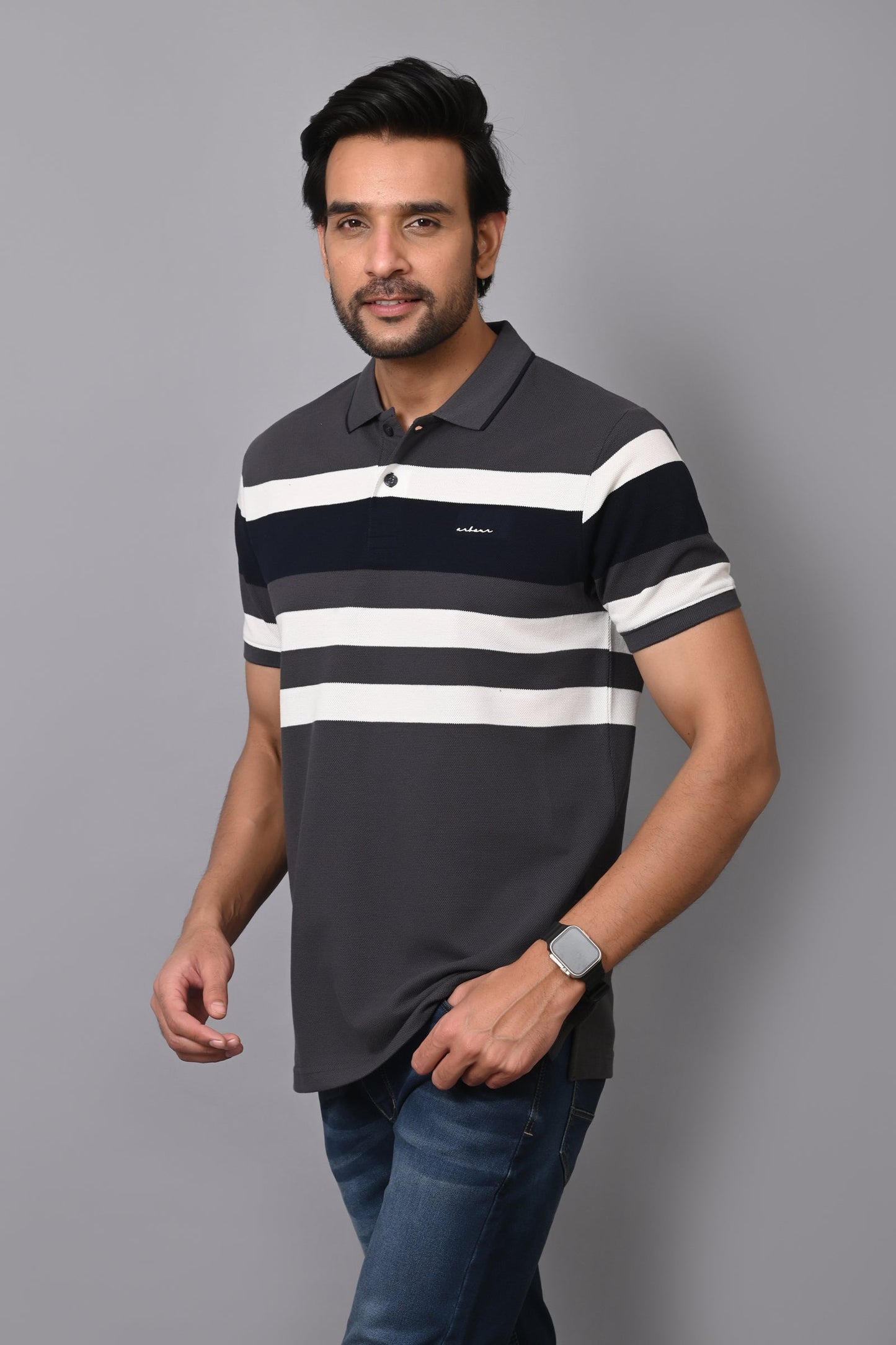 Arbour Men Polo Neck Stripes Casual Half Sleeves T-Shirt