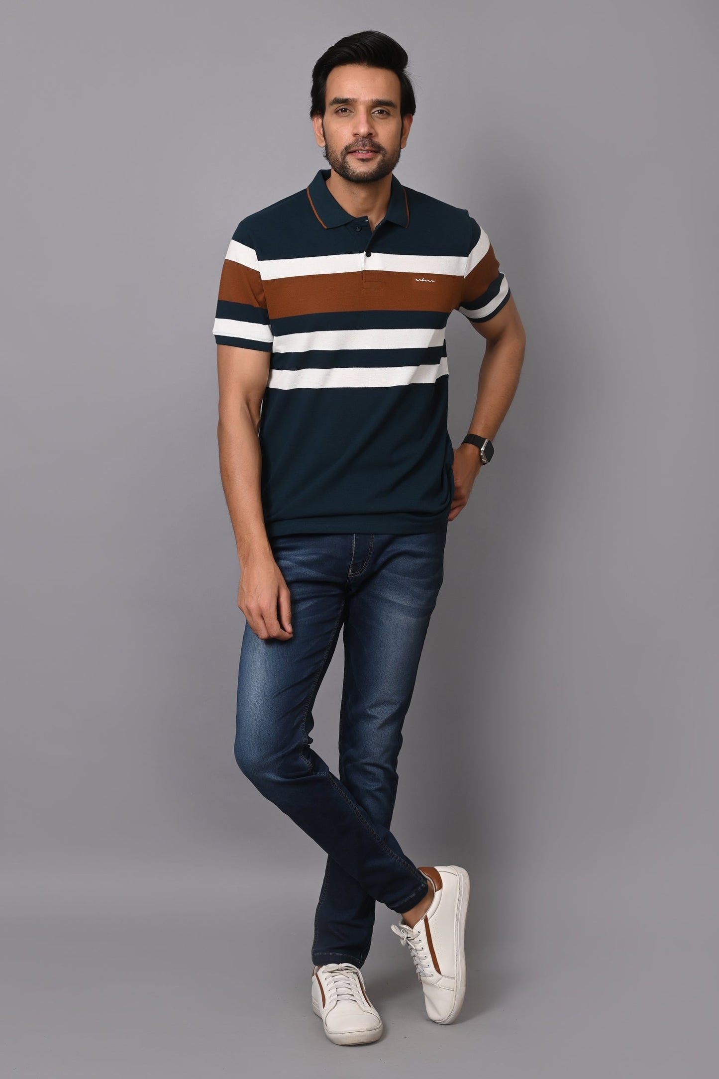 Arbour Men Polo Neck Stripes Casual Half Sleeves T-Shirt