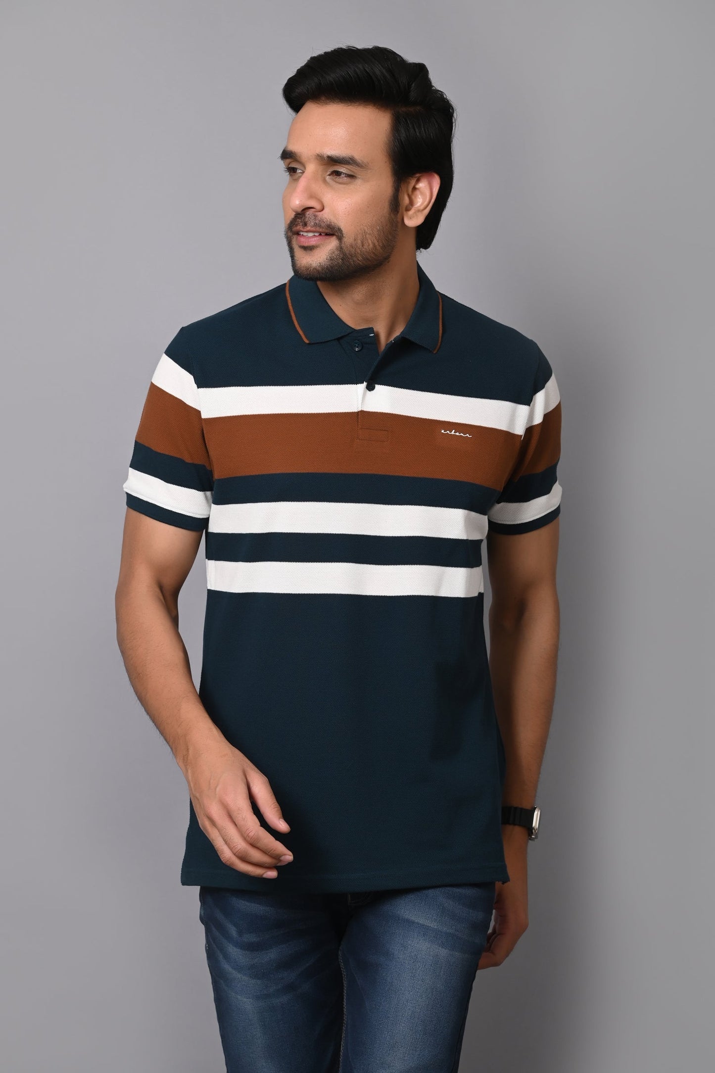 Arbour Men Polo Neck Stripes Casual Half Sleeves T-Shirt