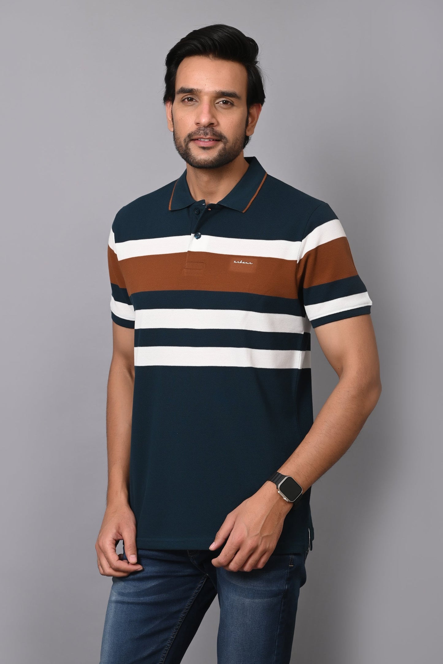 Arbour Men Polo Neck Stripes Casual Half Sleeves T-Shirt