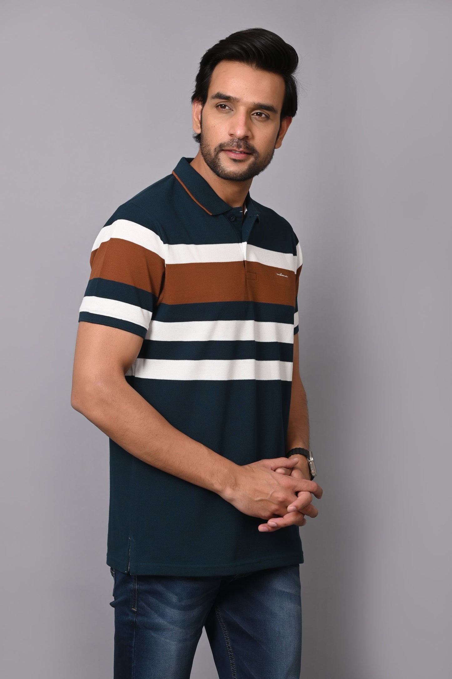 Arbour Men Polo Neck Stripes Casual Half Sleeves T-Shirt