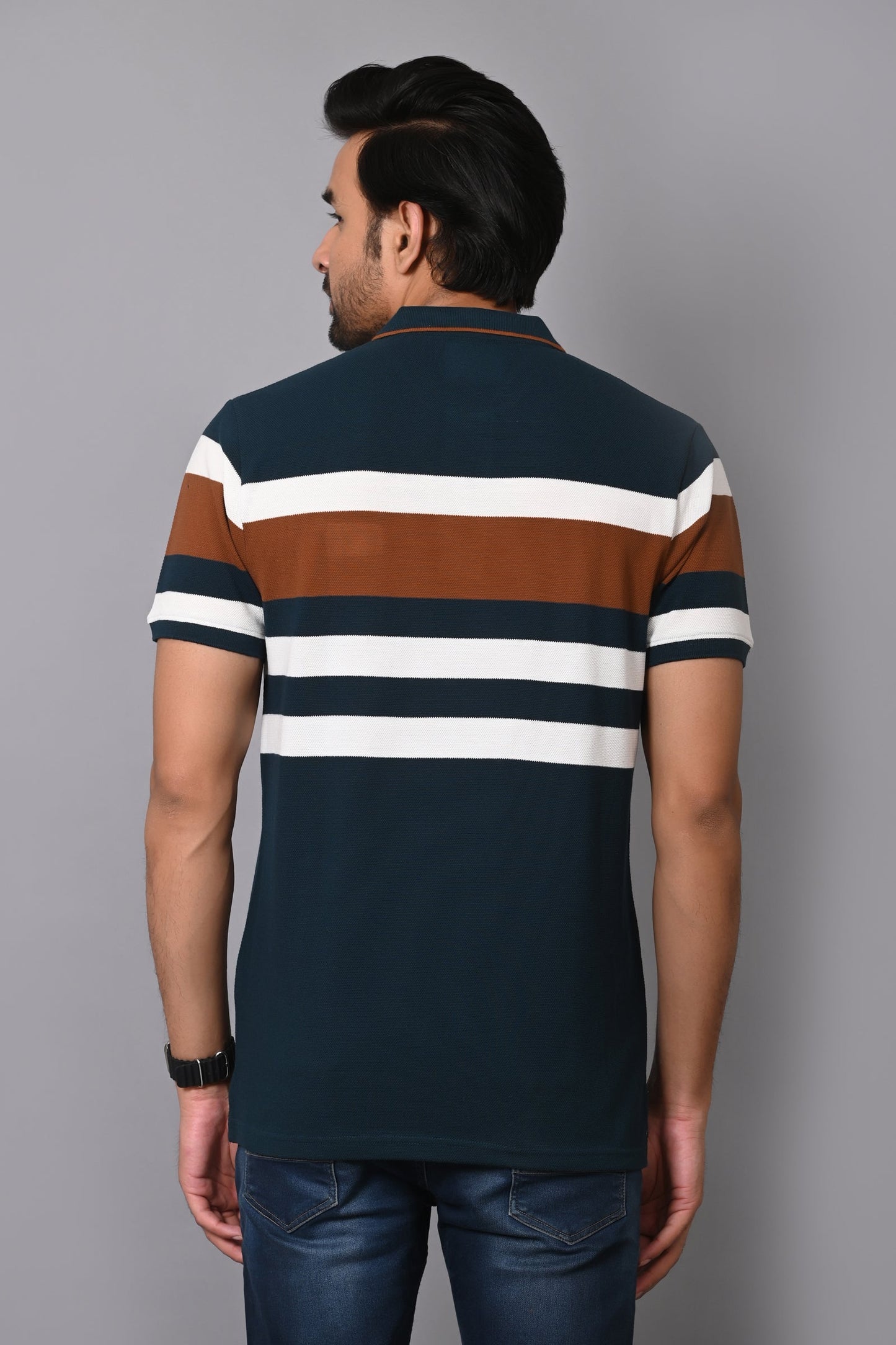 Arbour Men Polo Neck Stripes Casual Half Sleeves T-Shirt