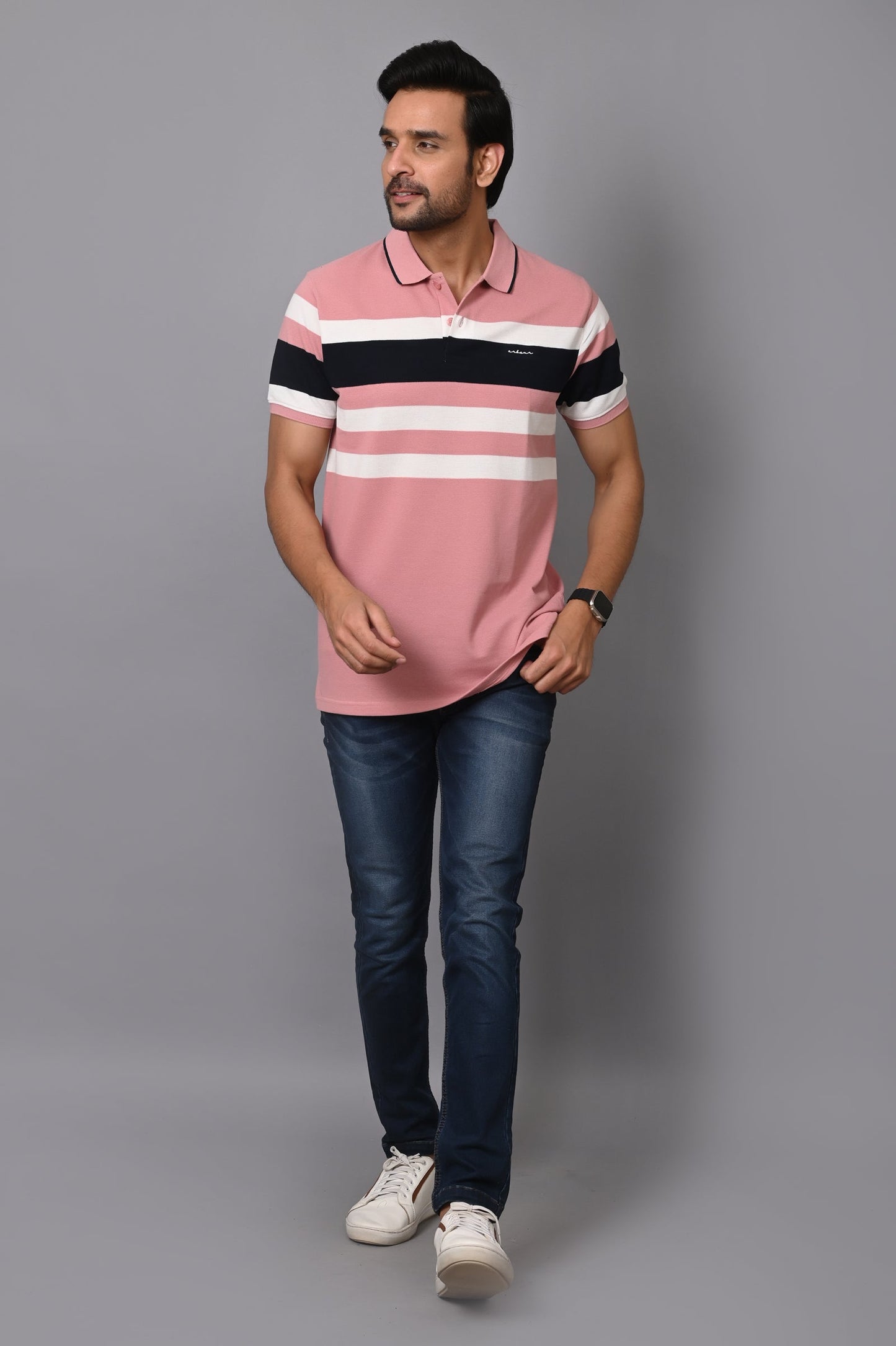 Arbour Men Polo Neck Stripes Casual Half Sleeves T-Shirt