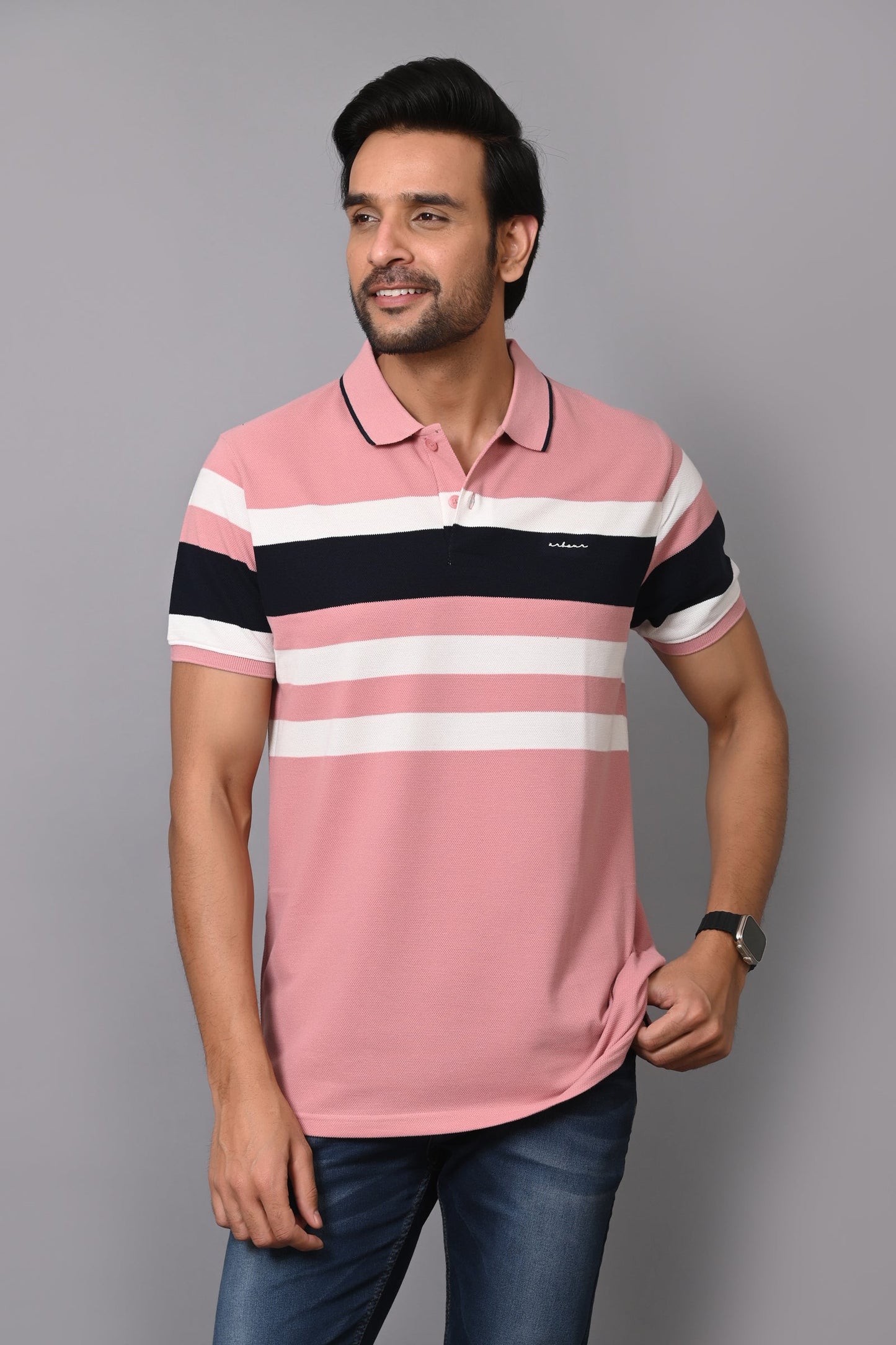 Arbour Men Polo Neck Stripes Casual Half Sleeves T-Shirt