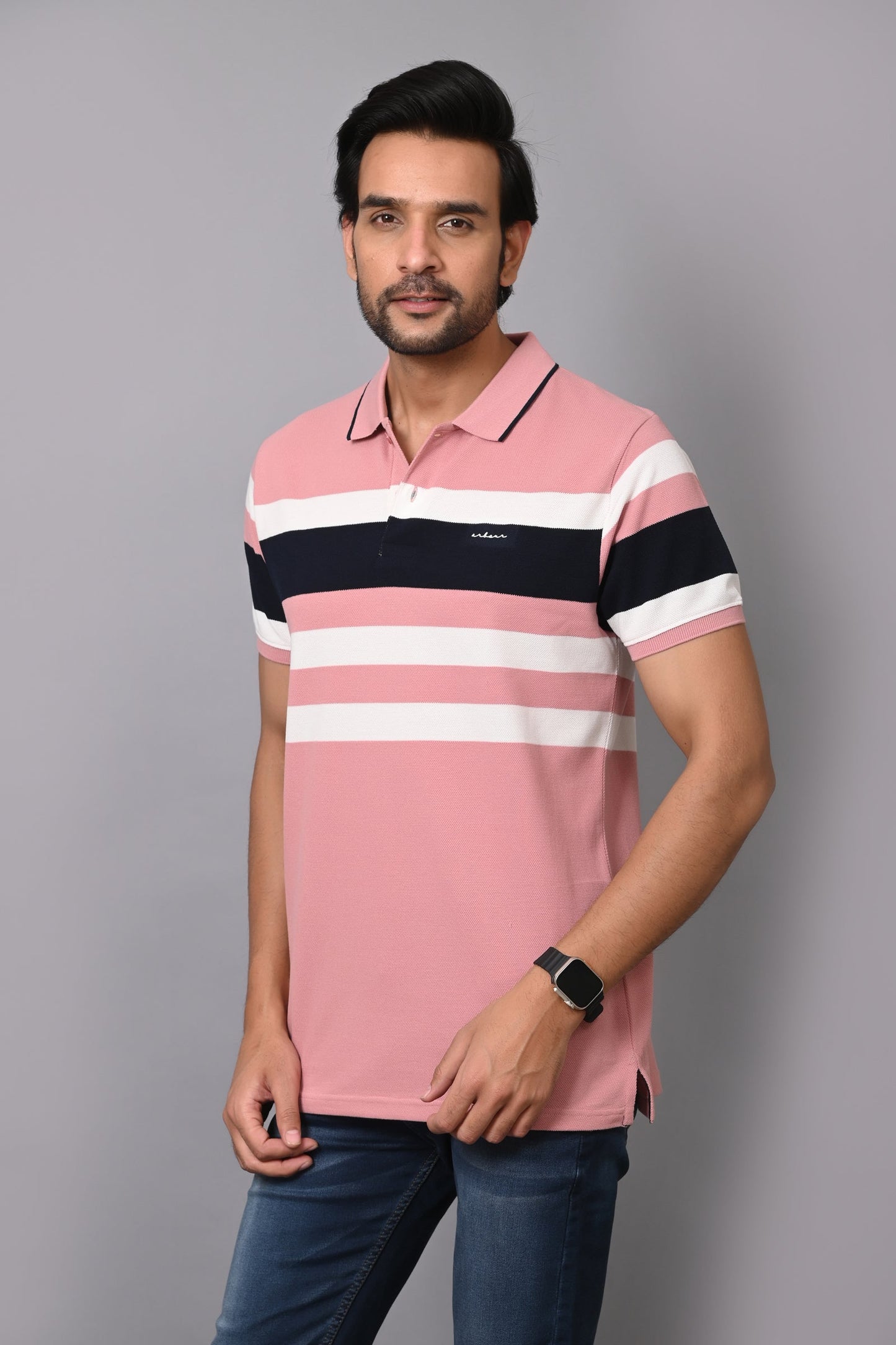 Arbour Men Polo Neck Stripes Casual Half Sleeves T-Shirt