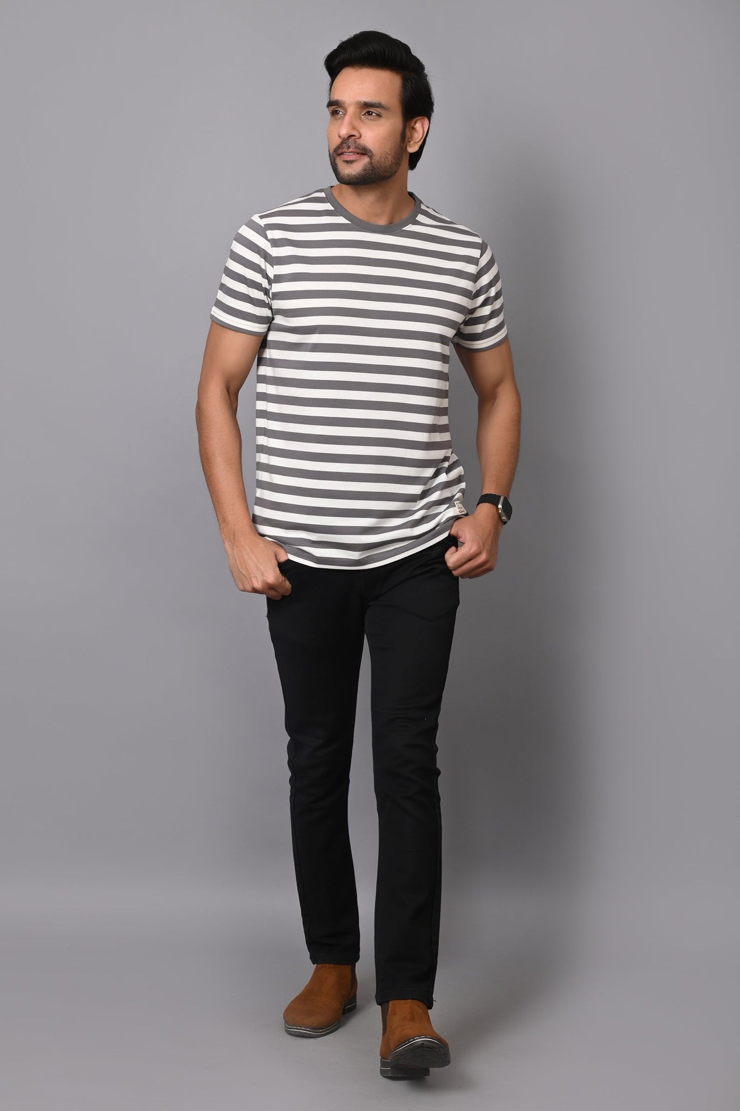 Arbour Men Round Neck Stripes Half Sleeves T-Shirt