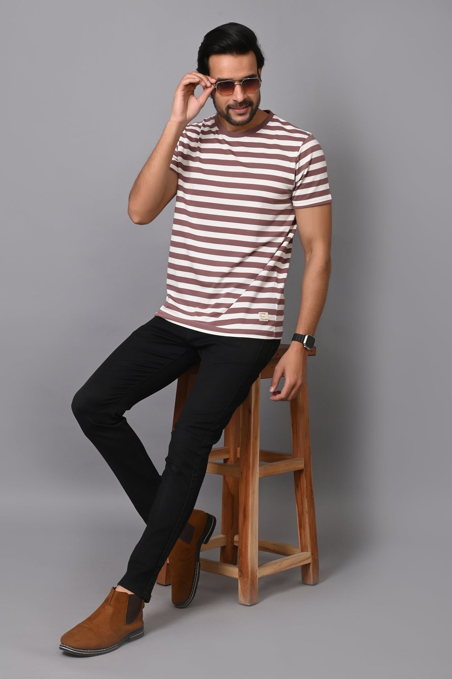 Arbour Men Round Neck Stripes Half Sleeves T-Shirt