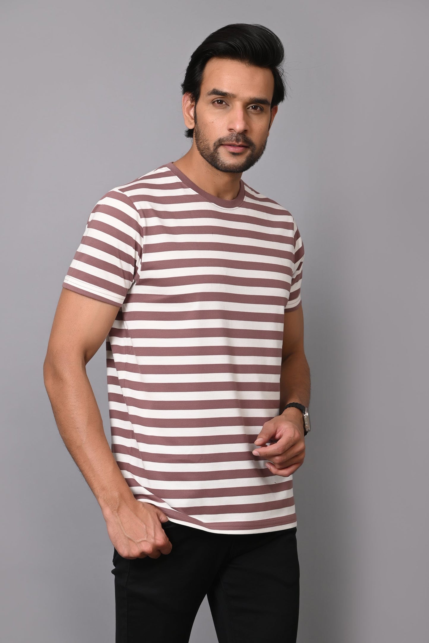 Arbour Men Round Neck Stripes Half Sleeves T-Shirt