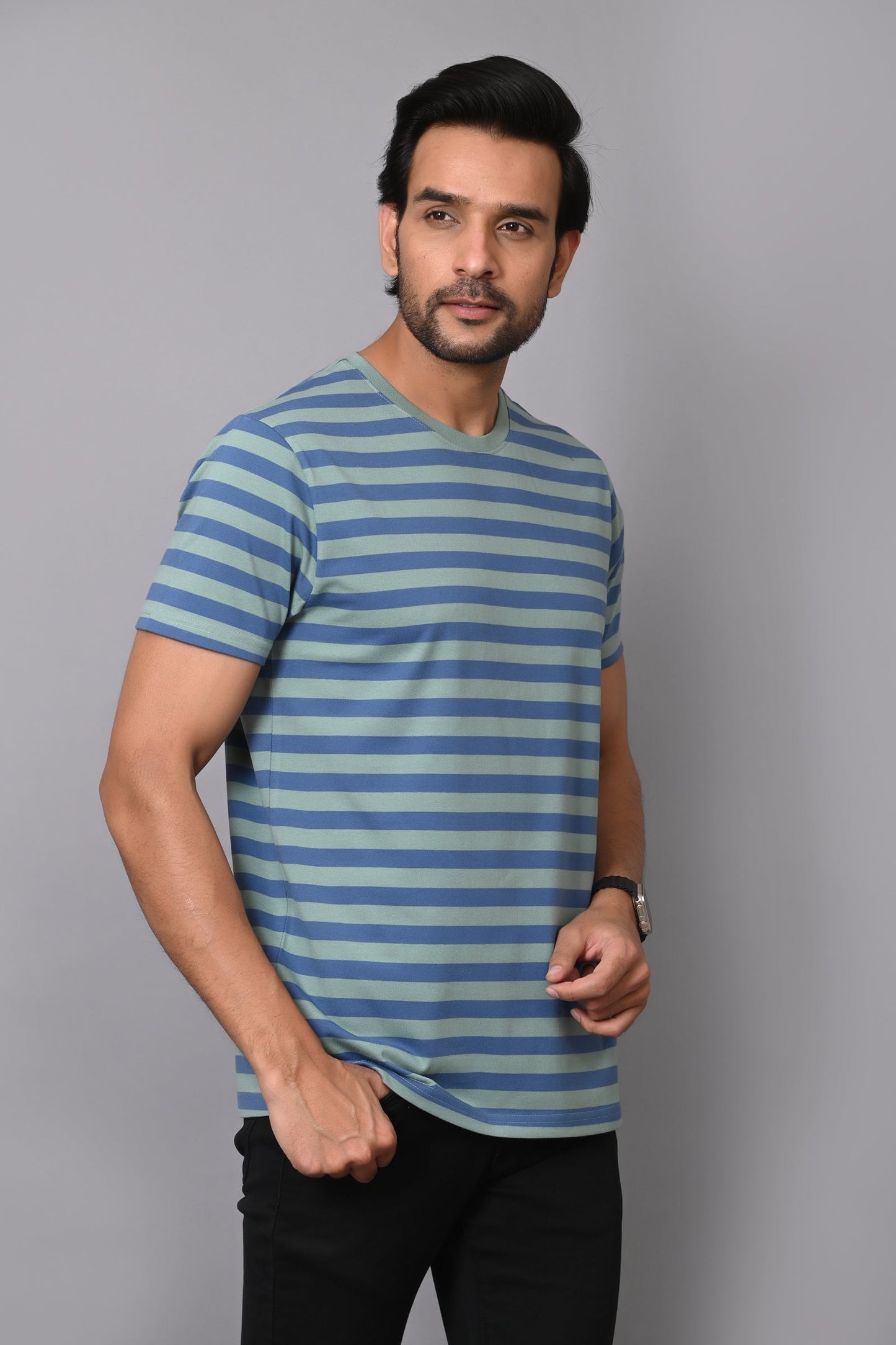 Arbour Men Round Neck Stripes Half Sleeves T-Shirt