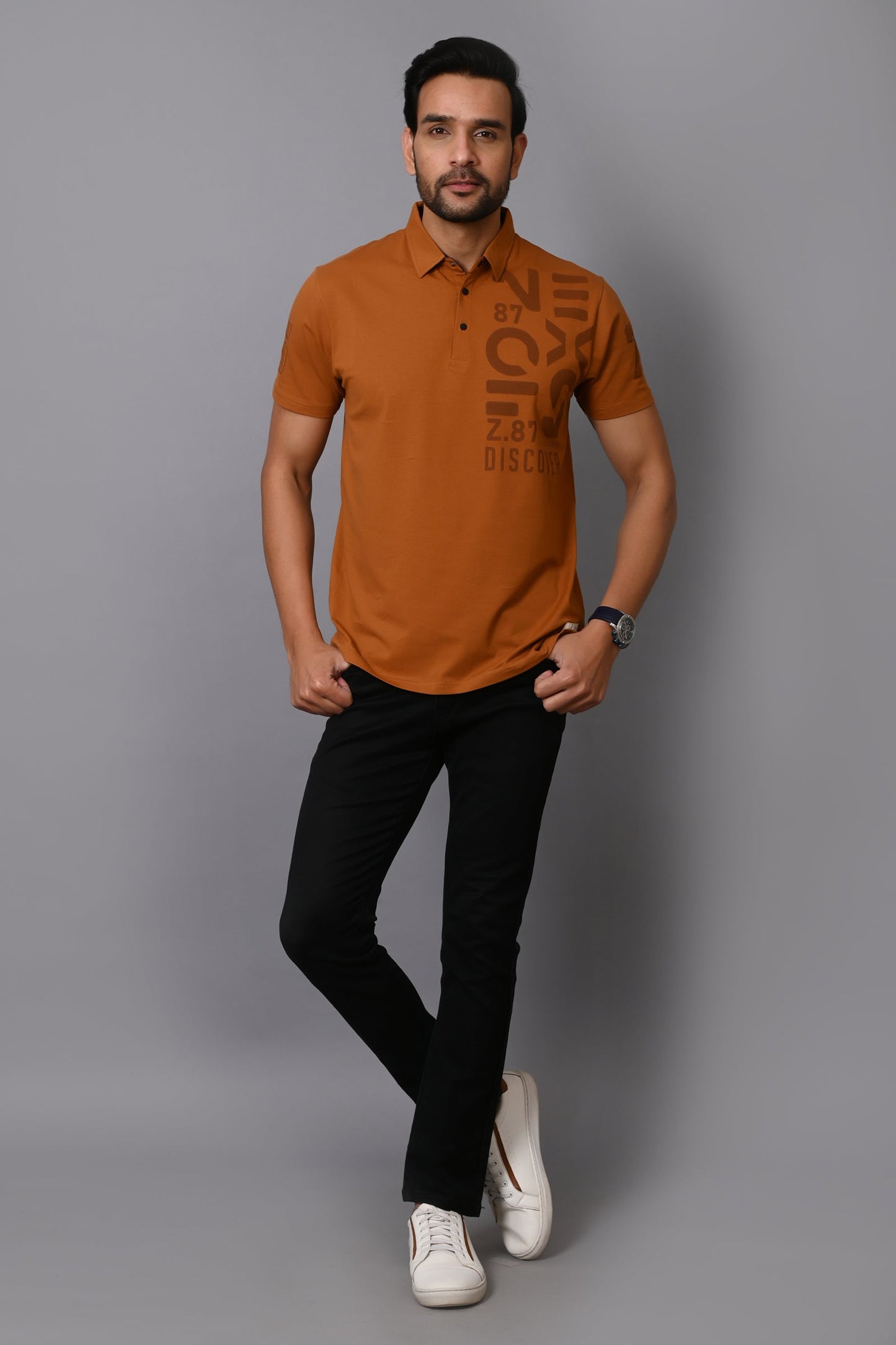 Arbour Men Polo Neck Chest Print Cotton Half Sleeves T-Shirt