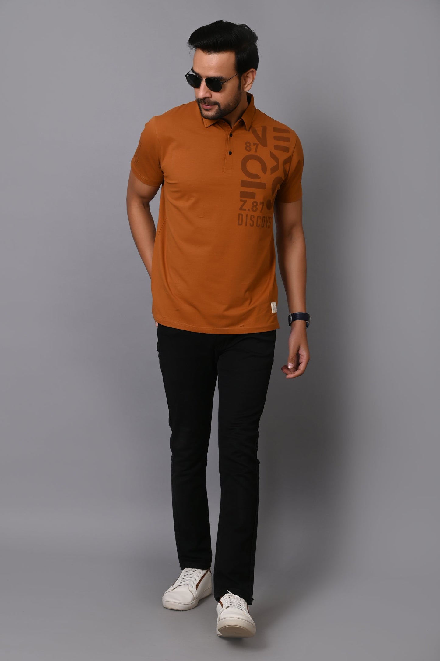 Arbour Men Polo Neck Chest Print Cotton Half Sleeves T-Shirt