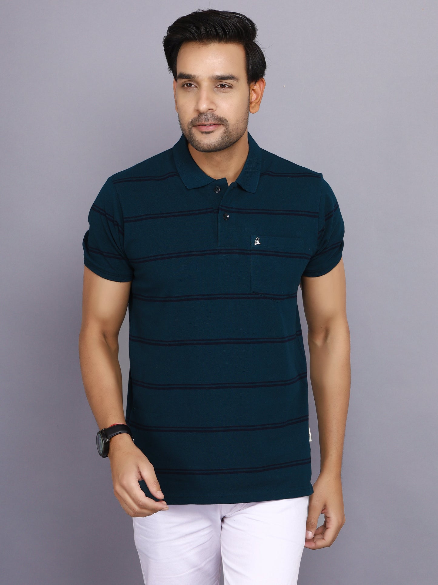 Arbour Men Polo Neck Stripes Pocket Half Sleeves T-Shirt