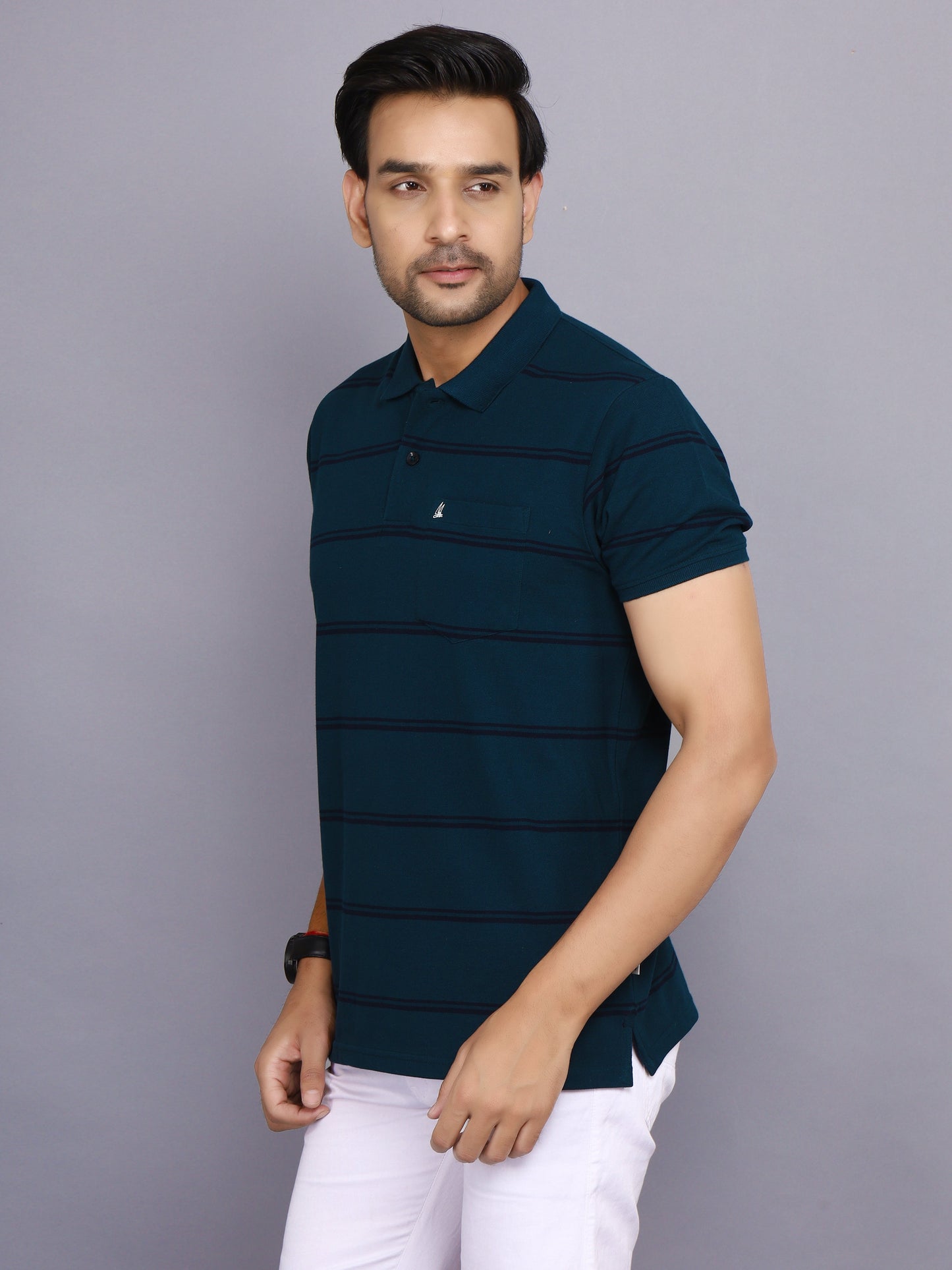 Arbour Men Polo Neck Stripes Pocket Half Sleeves T-Shirt