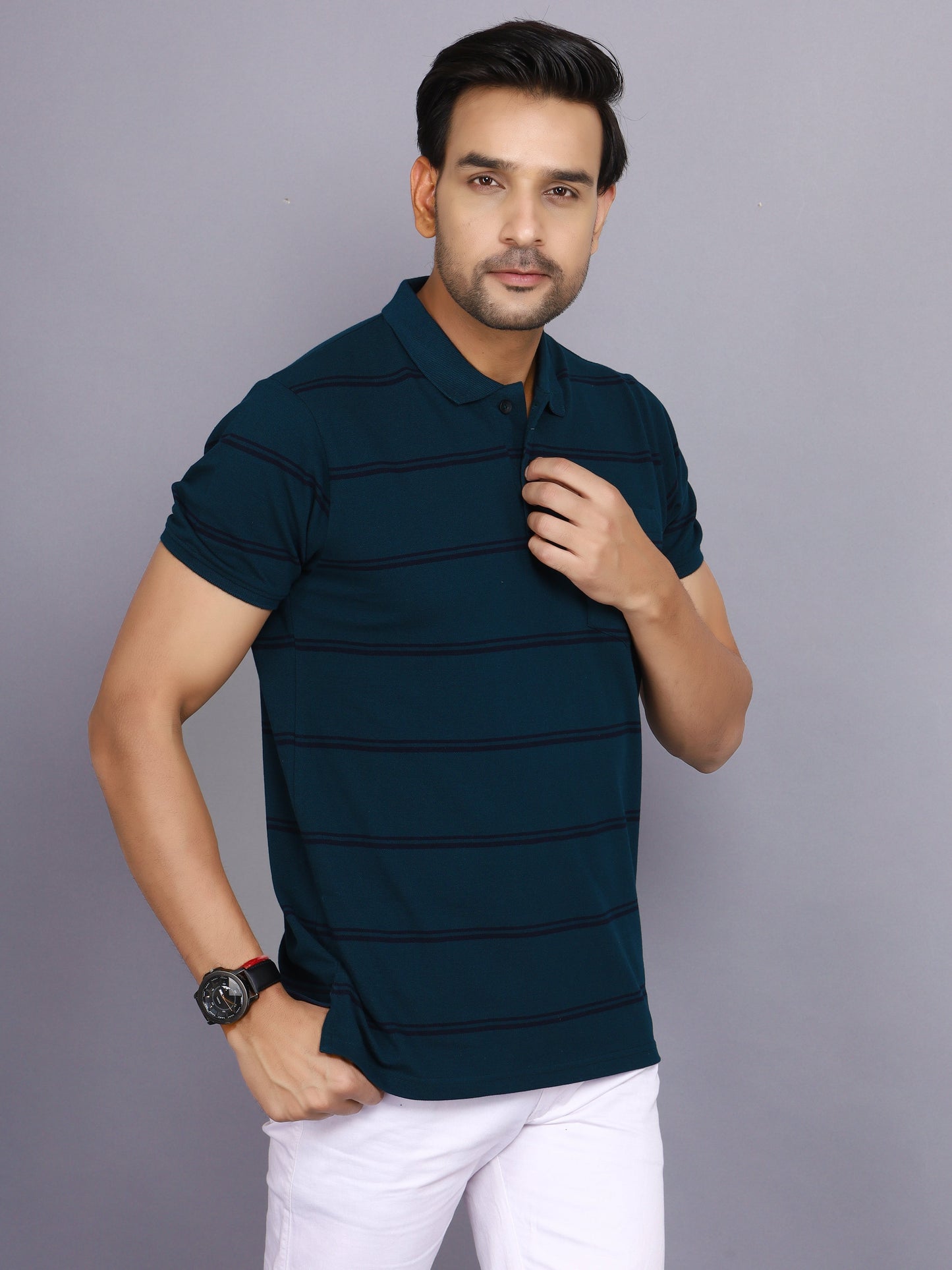 Arbour Men Polo Neck Stripes Pocket Half Sleeves T-Shirt